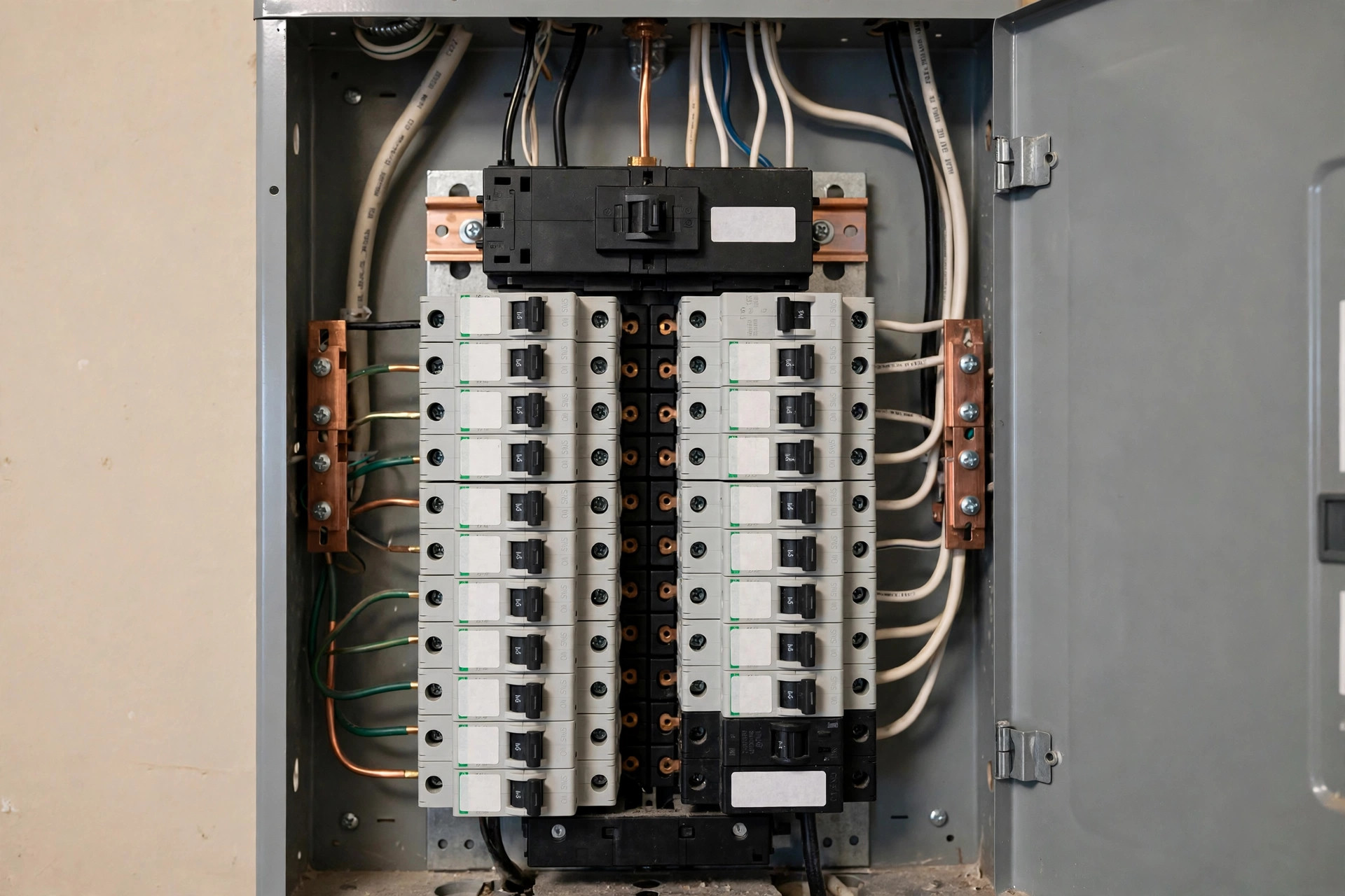 Home electrical breaker panel with labeled circuit breakers, realistic, no text