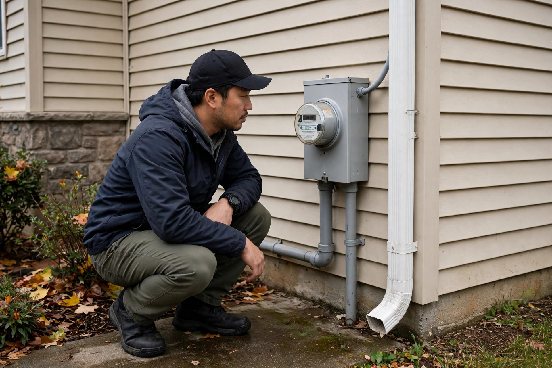 Person reading a residential electric meter on side of house, realistic, no text