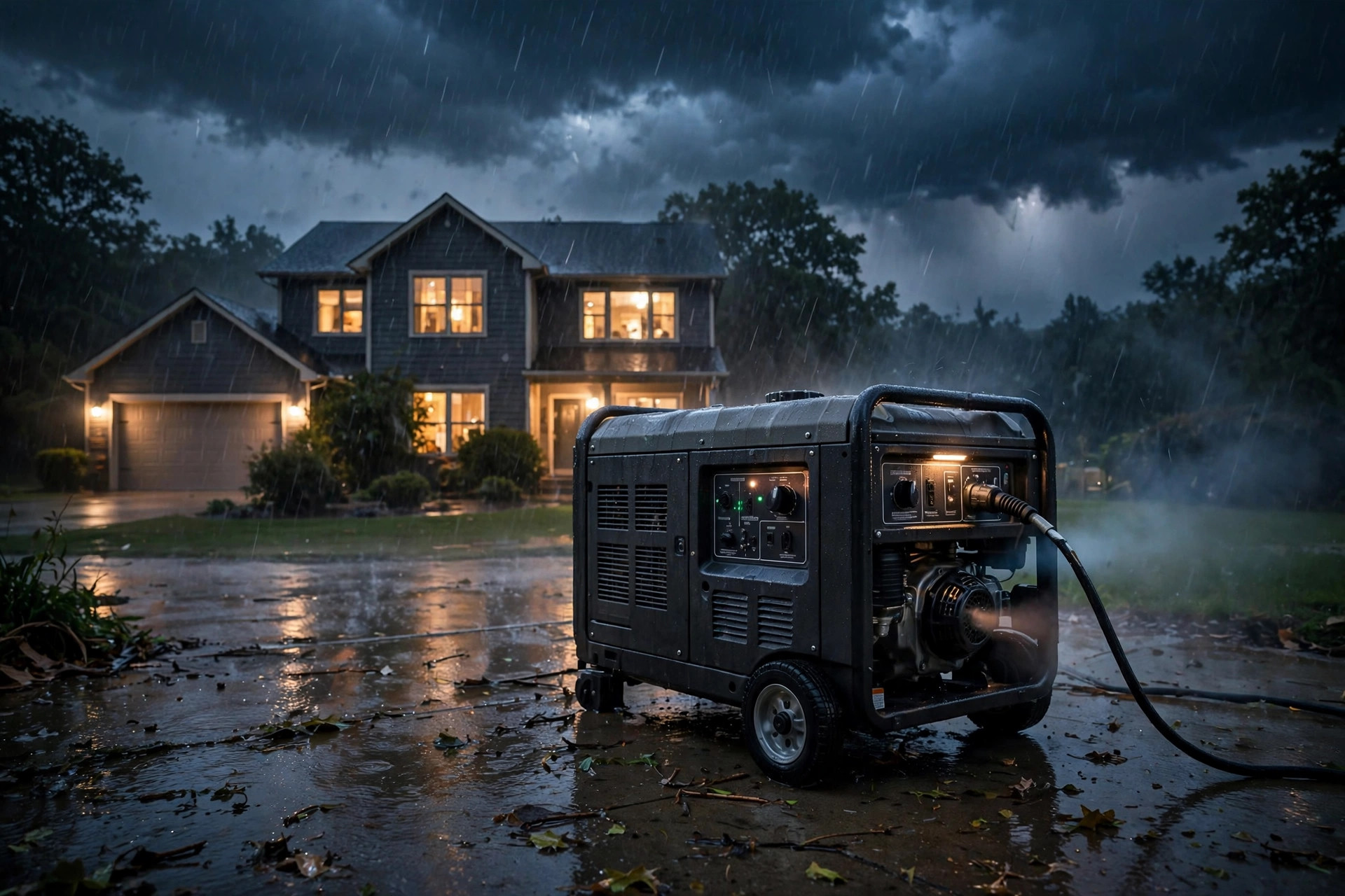 Realistic photo of a whole-home portable generator running during a storm outage, house lit in background, dramatic evening s