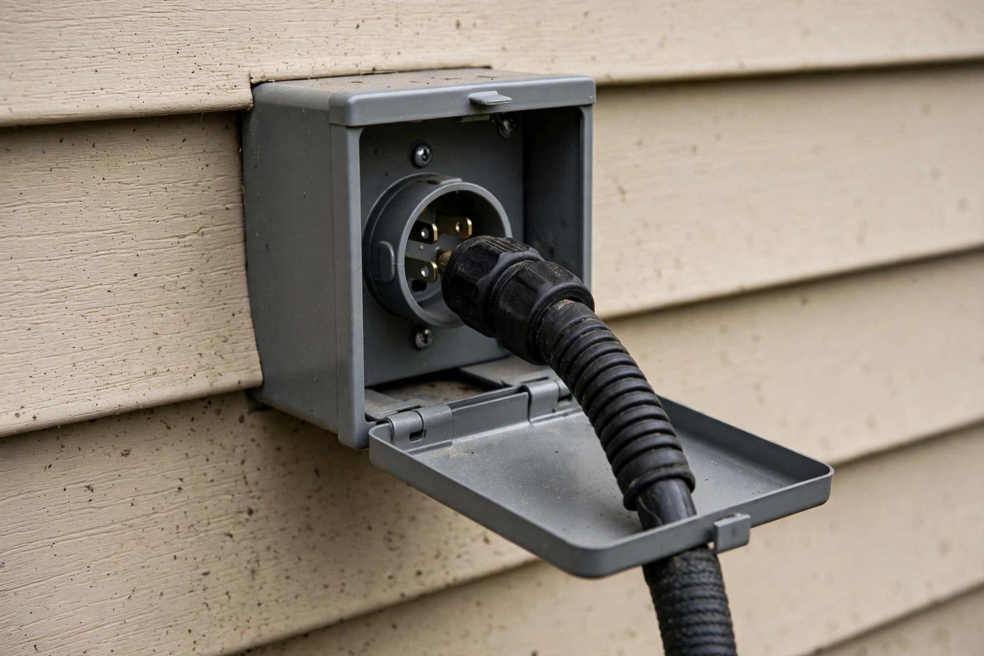 Realistic close-up of a 50-amp generator inlet box mounted on a house wall with heavy cable, no text overlays