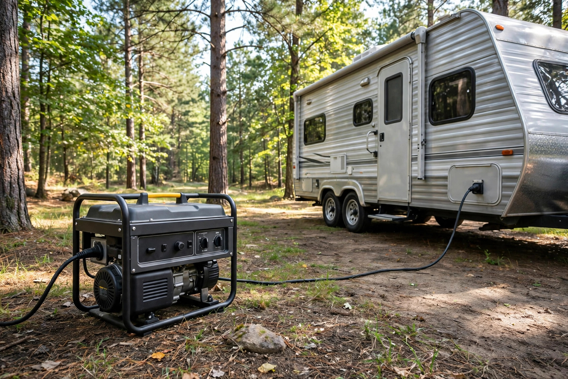 Realistic photo of a portable generator powering a travel trailer RV at a campsite, trees around, daylight, no text in image