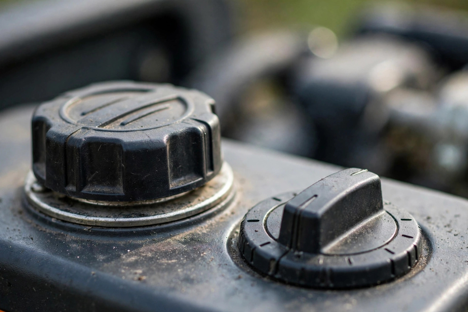 Realistic close-up of a generator fuel cap and control dial, shallow depth of field, no text overlays