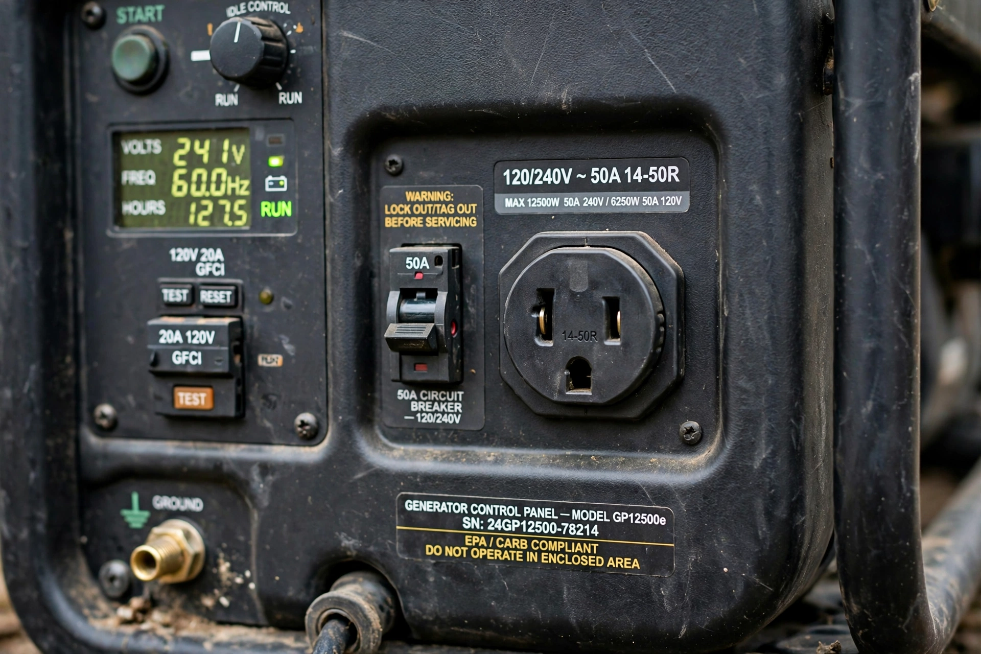 Realistic close-up photo of a generator control panel showing a 120/240V 50-amp 14-50R outlet