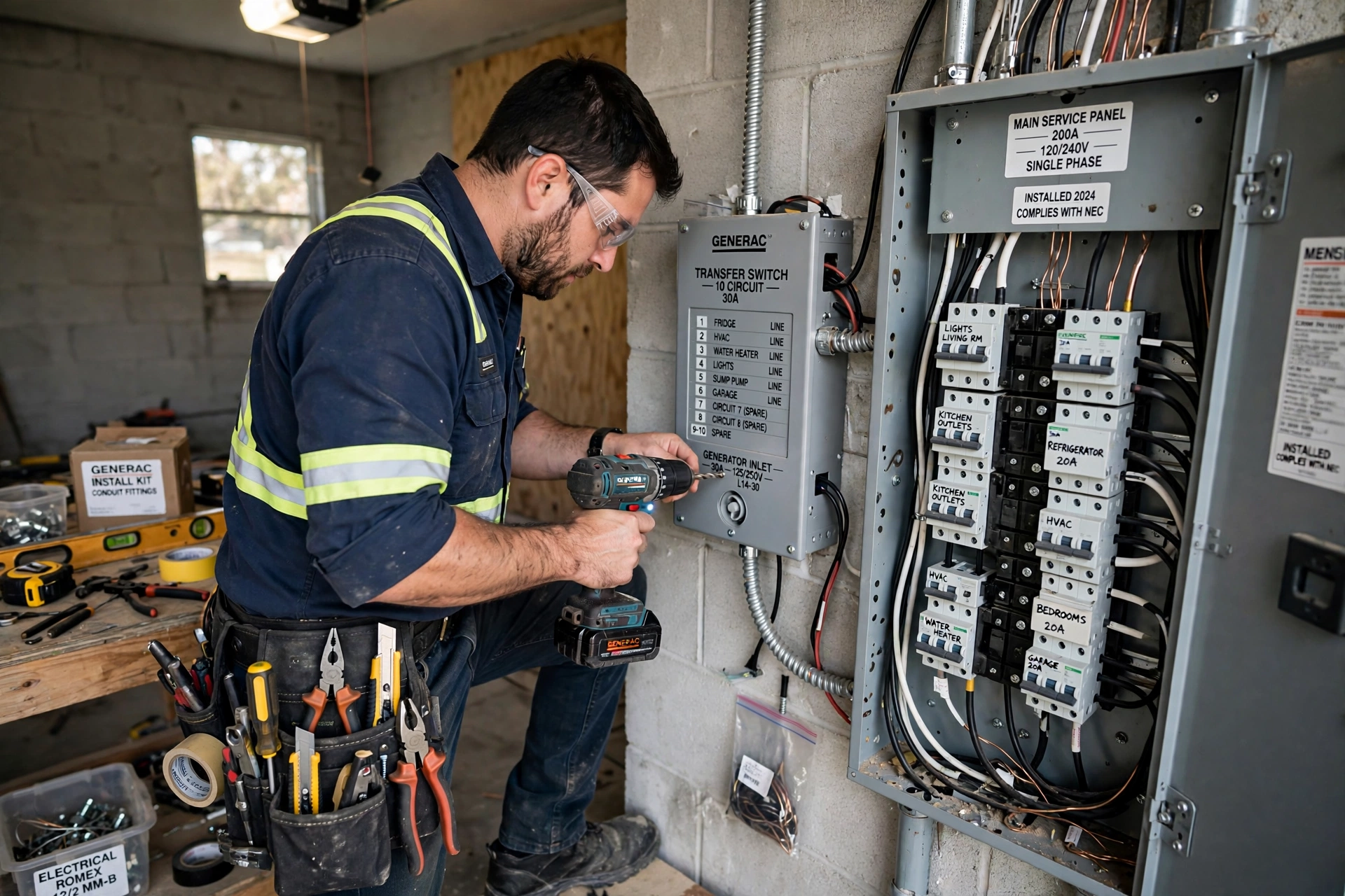 Realistic photo of an electrician installing a transfer switch next to a home electrical panel