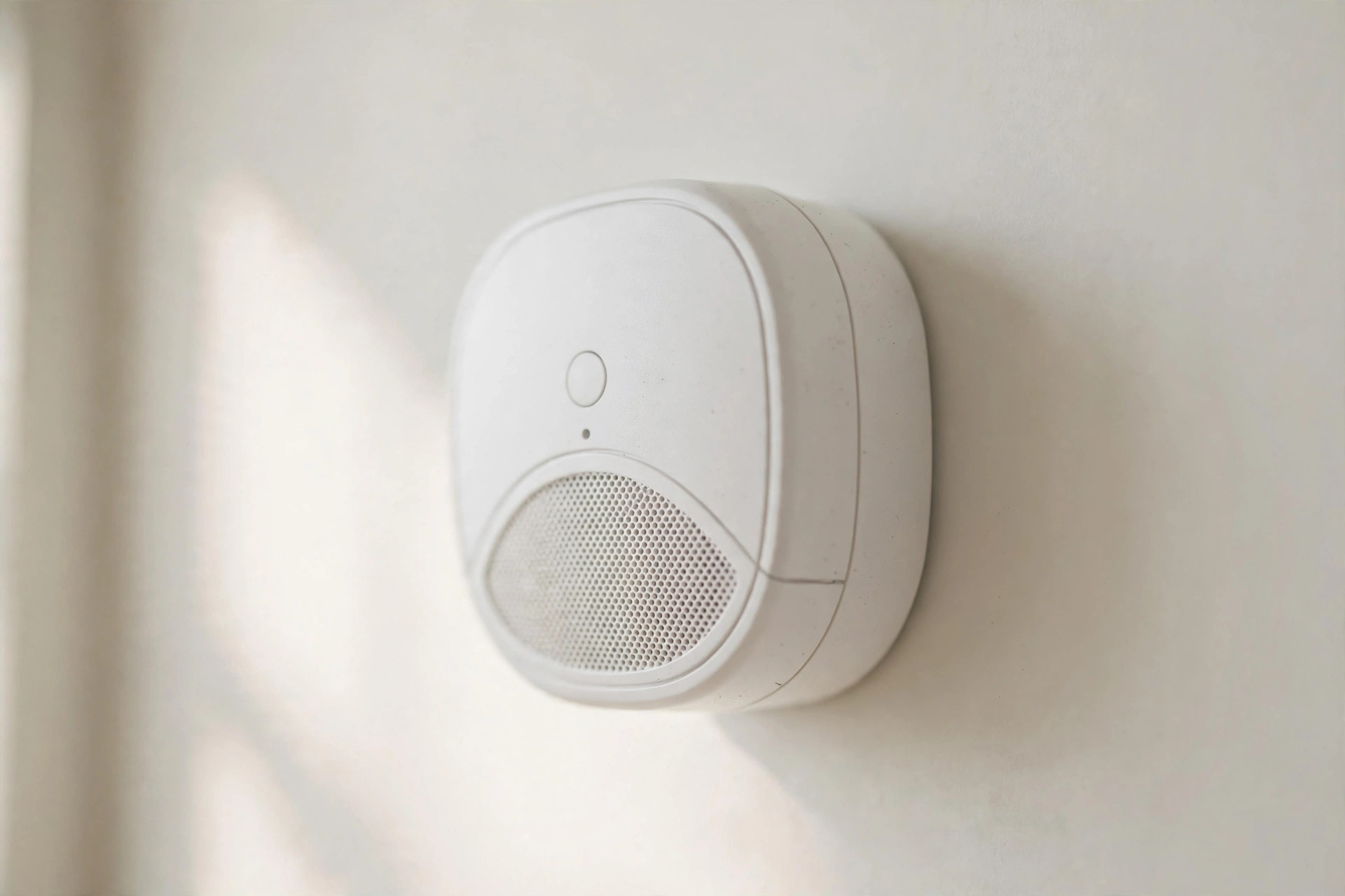 Close-up of a white carbon monoxide detector on a wall.