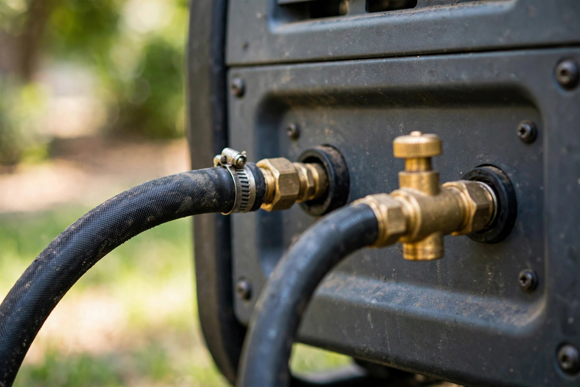 Gasoline line and propane regulator hose connected to a dual fuel generator.