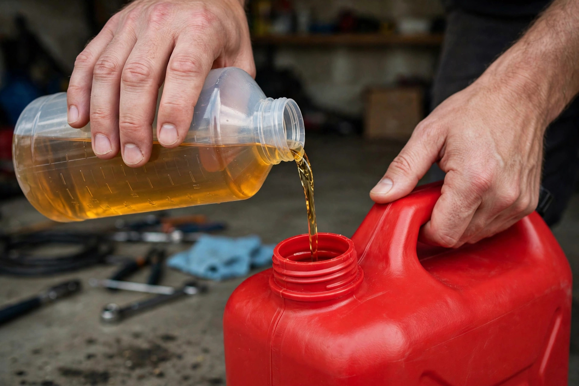 Realistic close-up of hands pouring fuel stabilizer from a measuring bottle into a red gas can, garage setting, no text overl