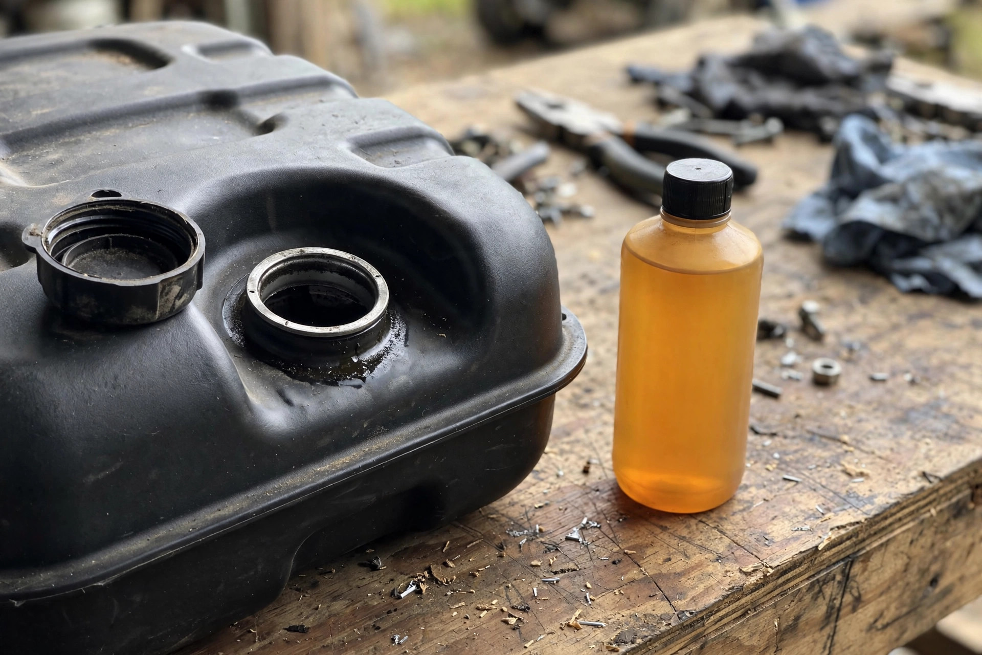 Realistic photo of a generator fuel tank cap open with a stabilizer bottle beside it on a workbench, no text overlays