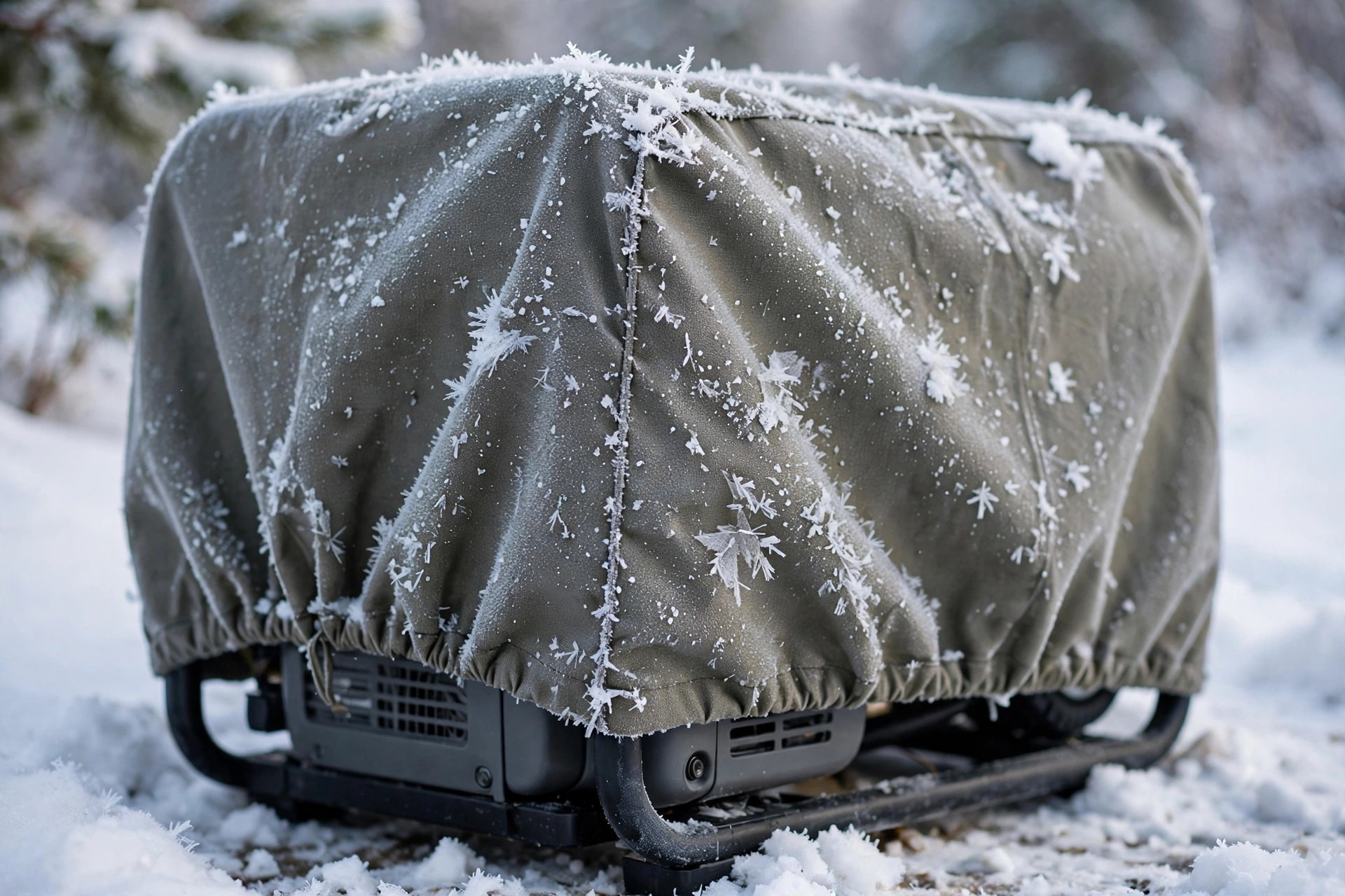 Close-up of a generator winter shroud cover with frost details.