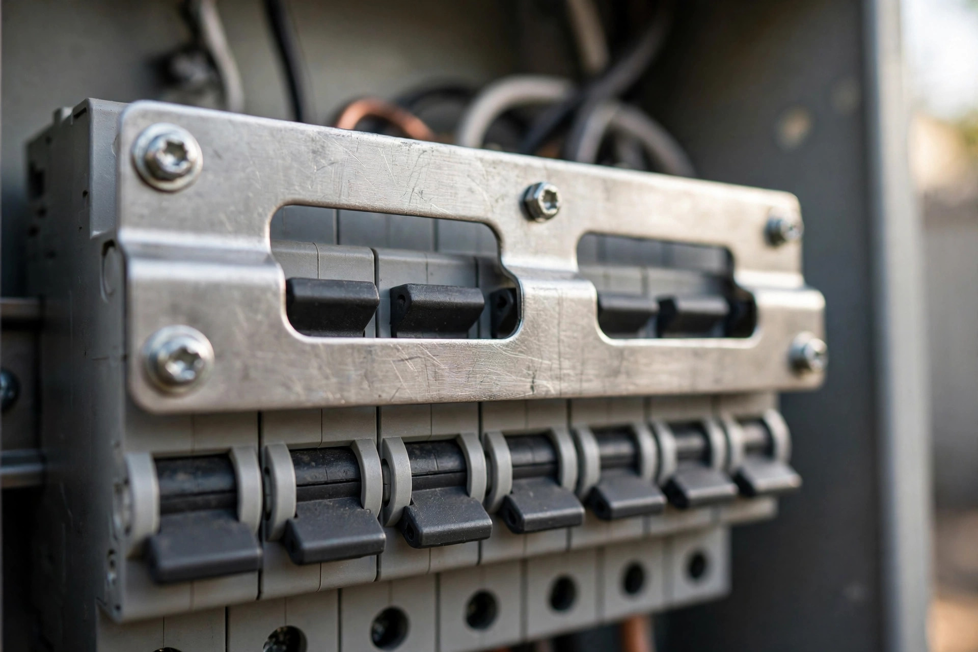 Metal interlock kit plate fitted over circuit breakers.
