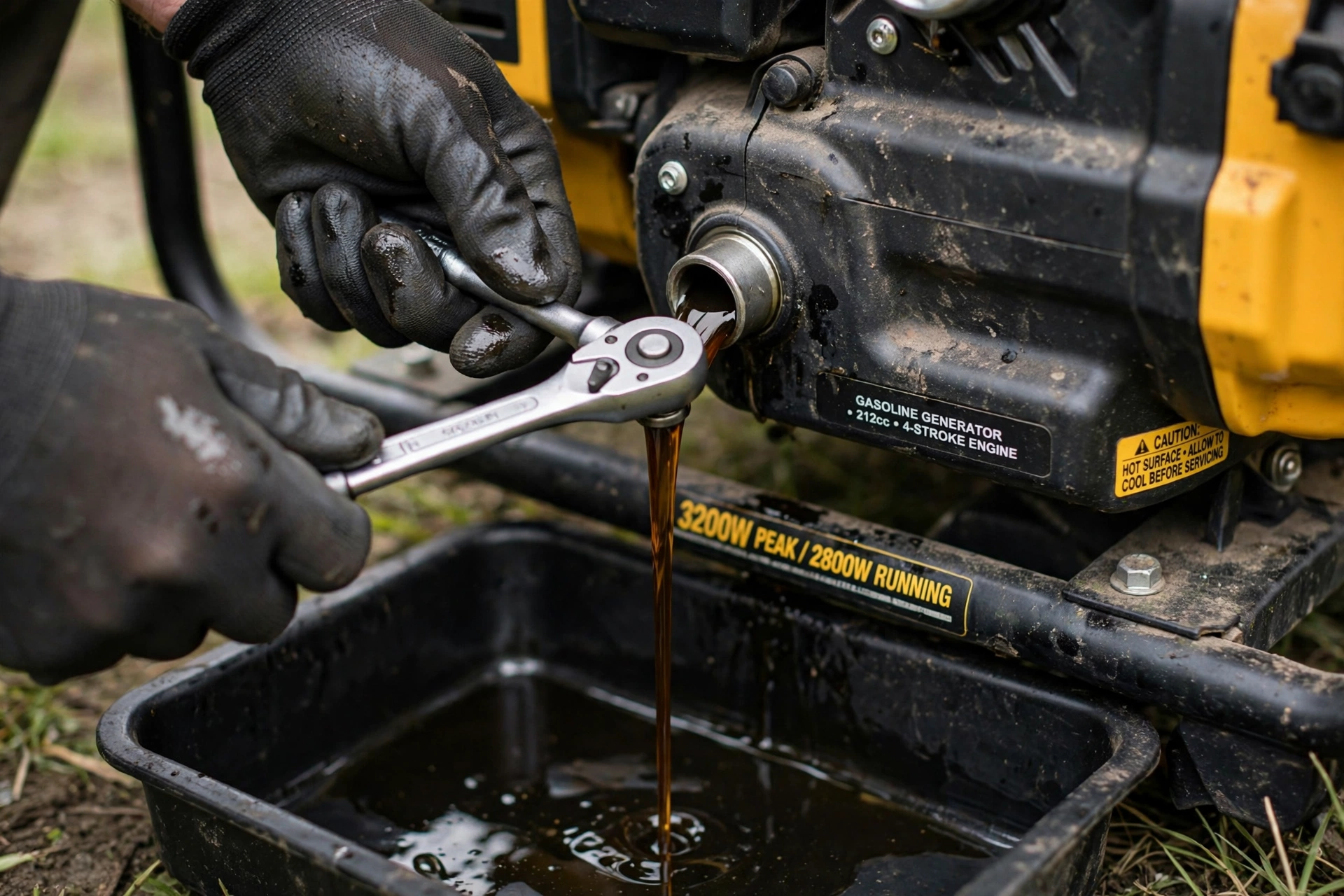 Realistic close-up photo of hands changing oil on a portable generator with a drain pan underneath