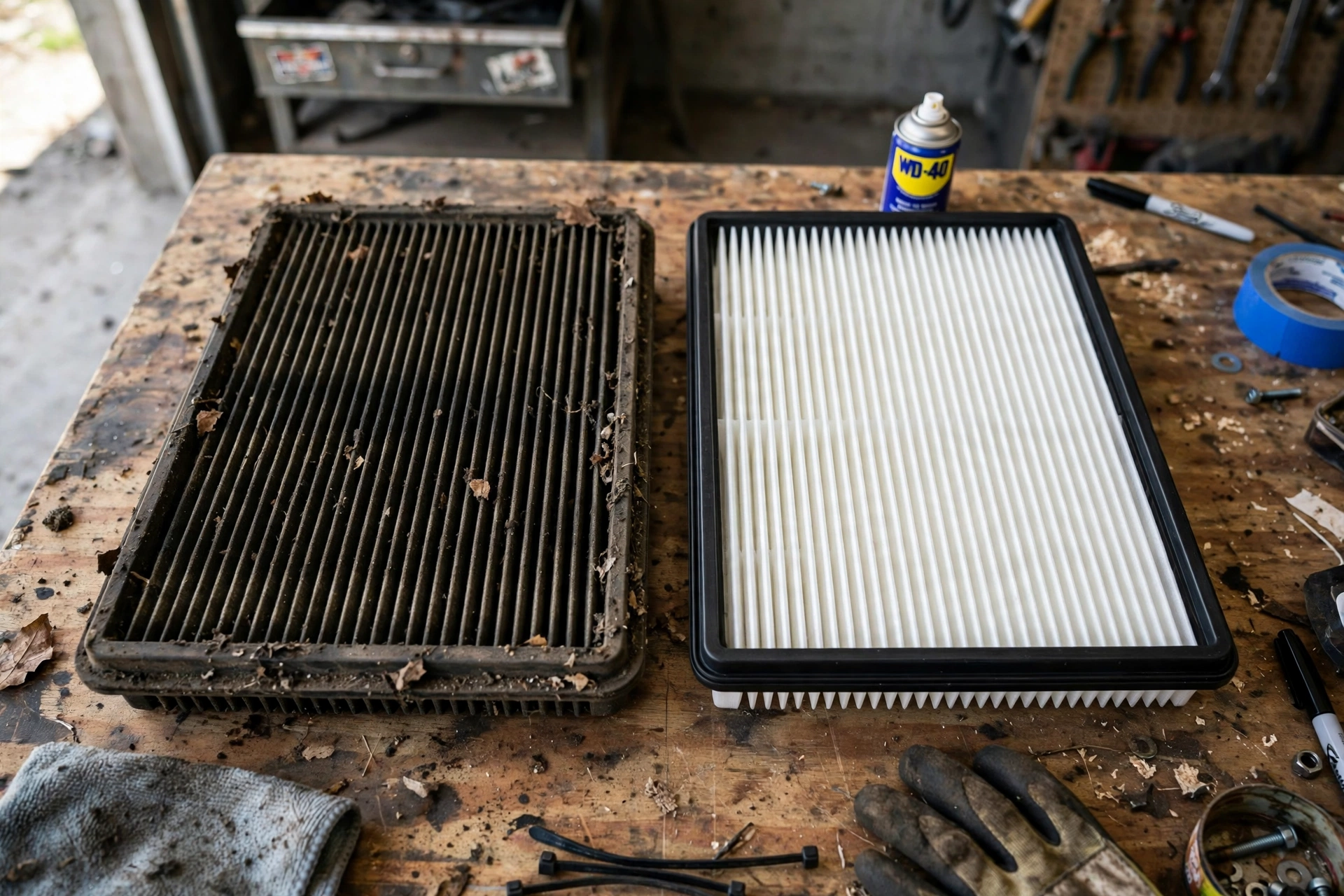 Realistic photo of a dirty air filter next to a clean new one on a workbench