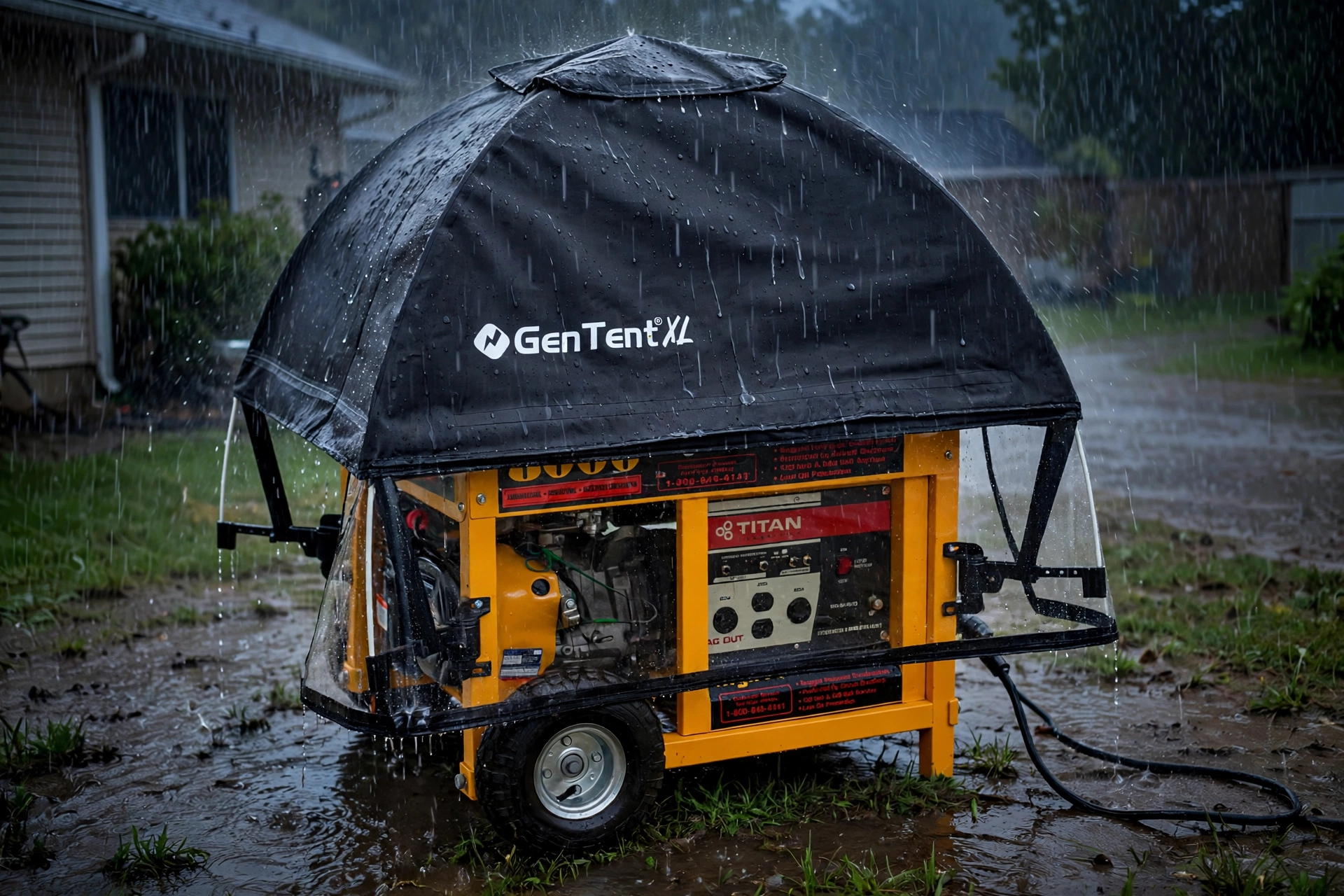 Realistic photo of a GenTent-style running cover canopy over a portable generator operating in heavy rain
