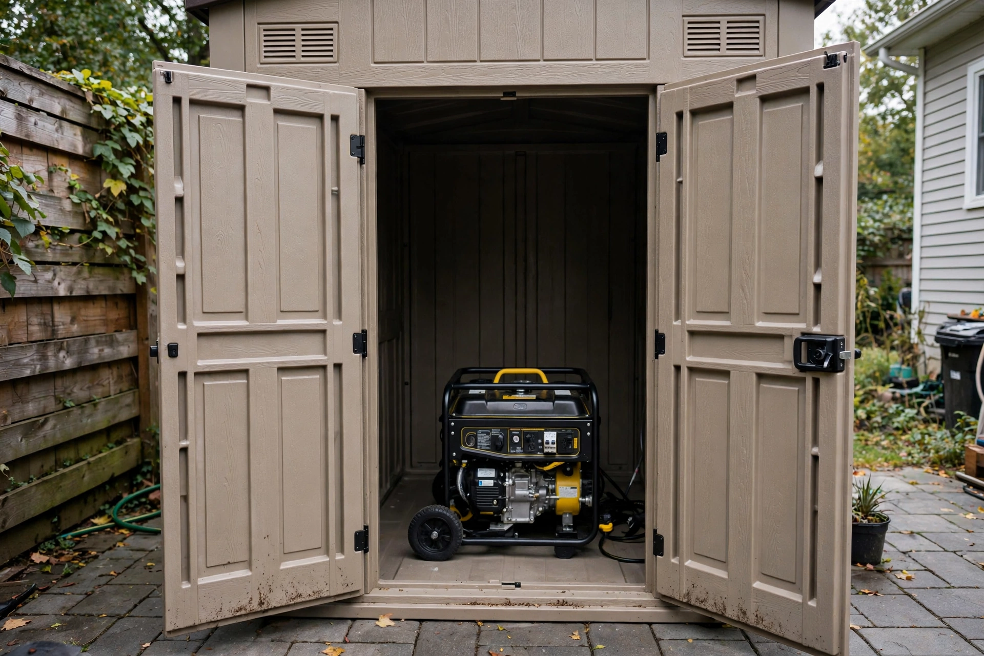 Realistic photo of a resin vertical storage shed with double doors open showing a portable generator parked inside
