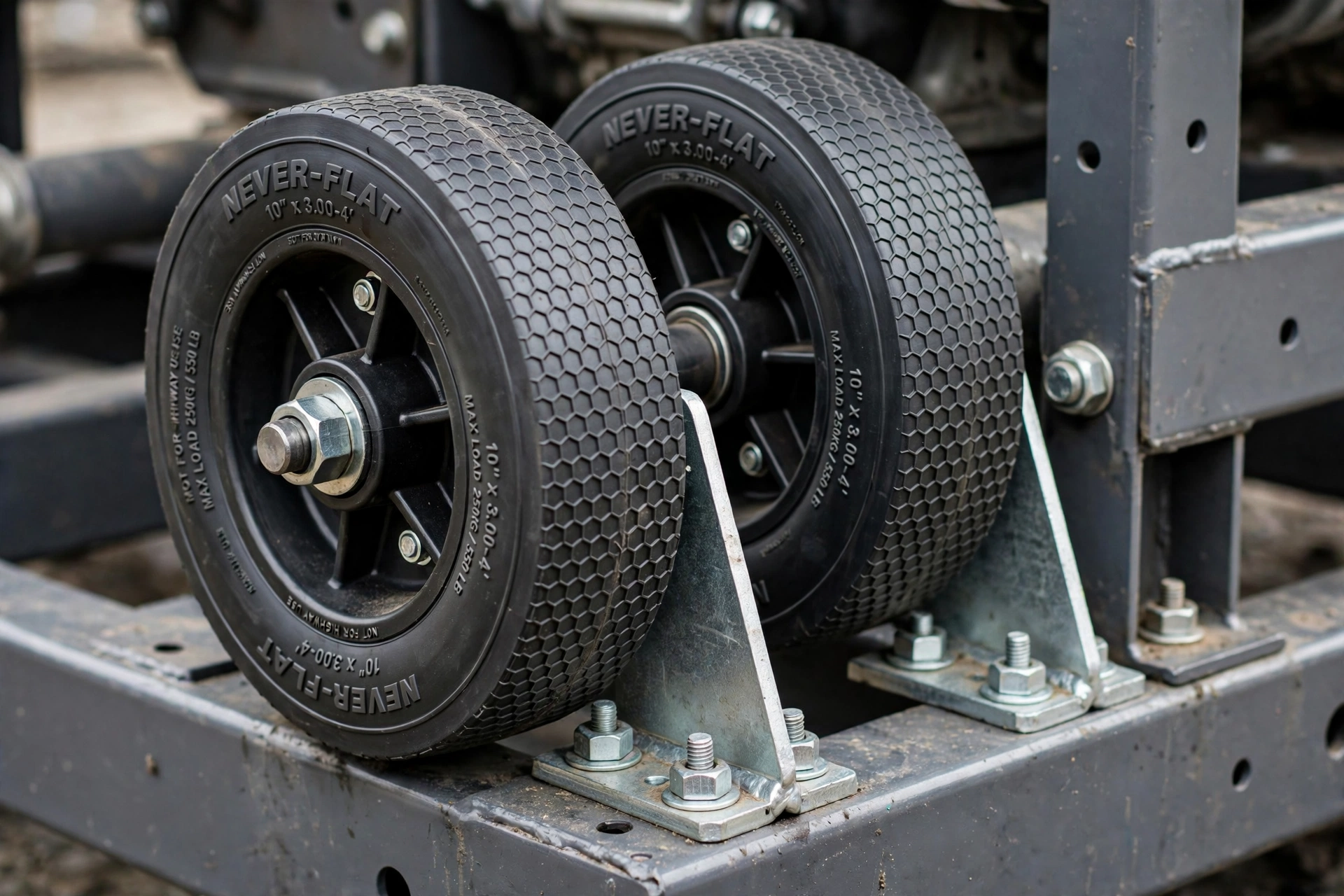 Close-up realistic photo of 10-inch never-flat generator wheels and steel axle brackets bolted to a generator frame