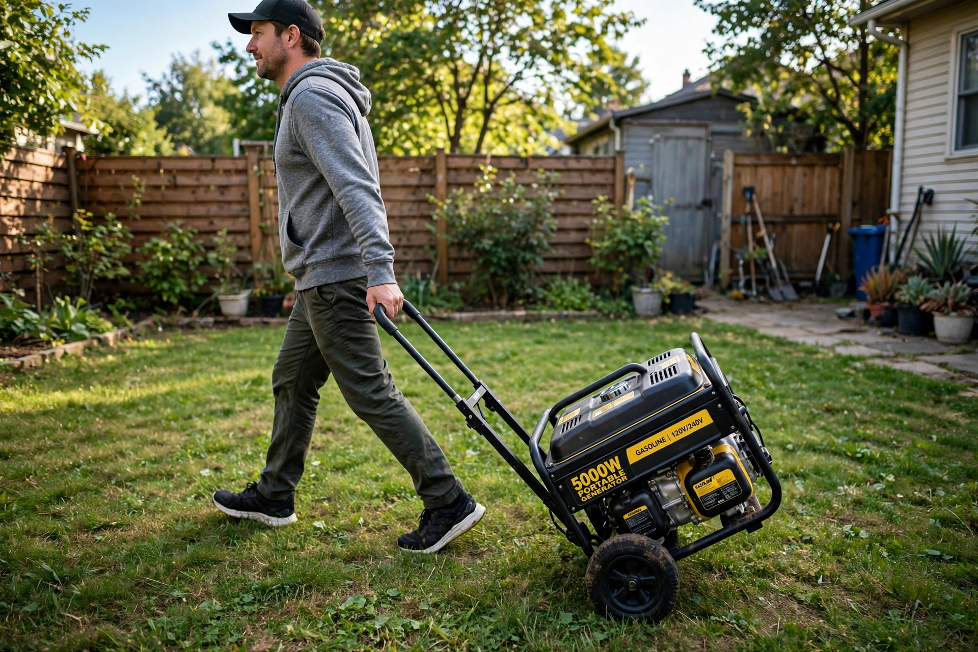Realistic photo of a person easily pulling a wheeled portable generator across a grassy backyard with one hand