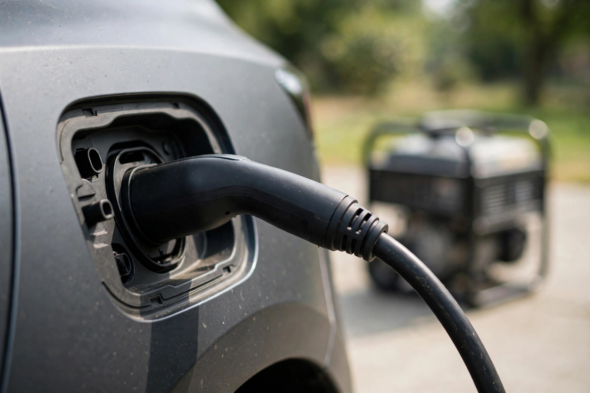 EV charge port with charging cable plugged in, generator blurred in background.