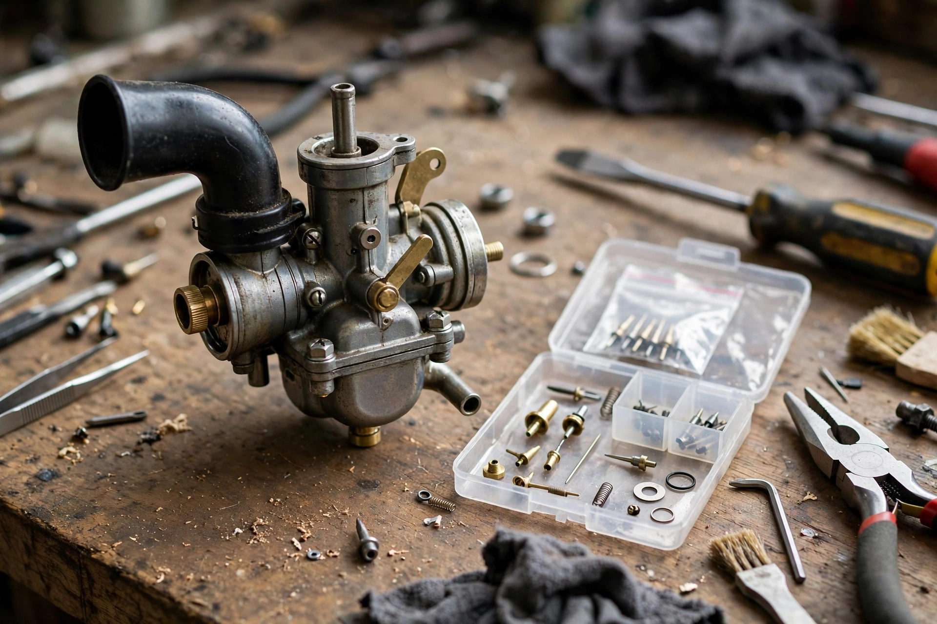 Realistic close-up of a small generator carburetor with a high-altitude jet kit beside it on a workbench, tools nearby, no te