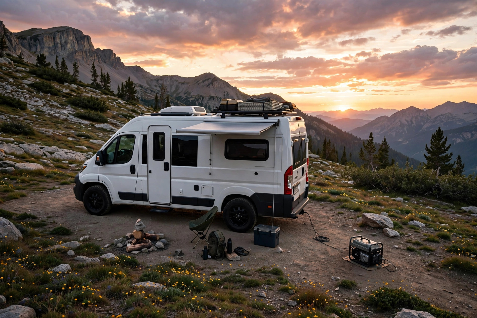 Realistic photo of a camper van with a small quiet generator at a high mountain campsite, sunset, no text in image