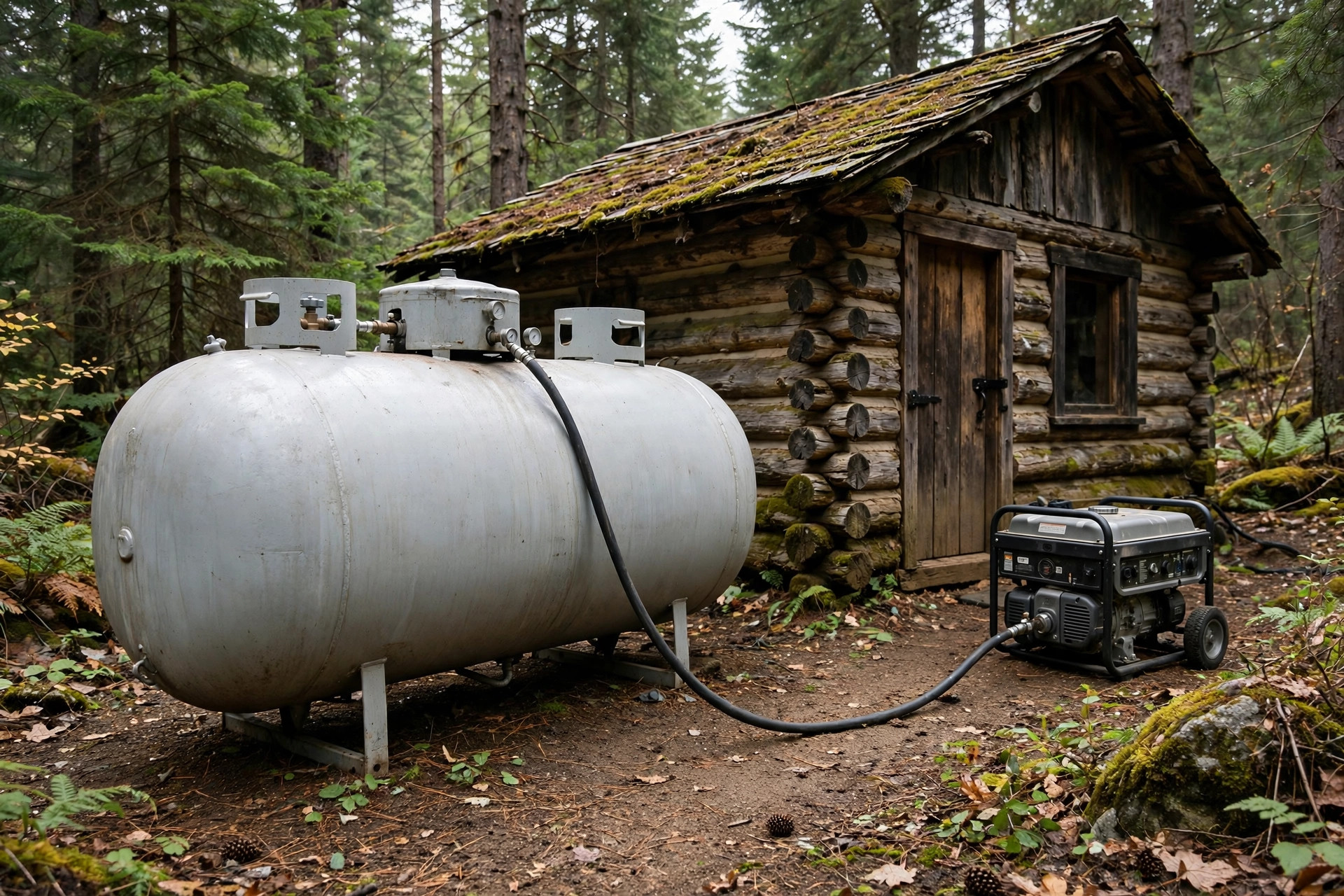 Realistic photo of a large propane tank beside a rustic cabin with a generator connected, forest setting, no text in image