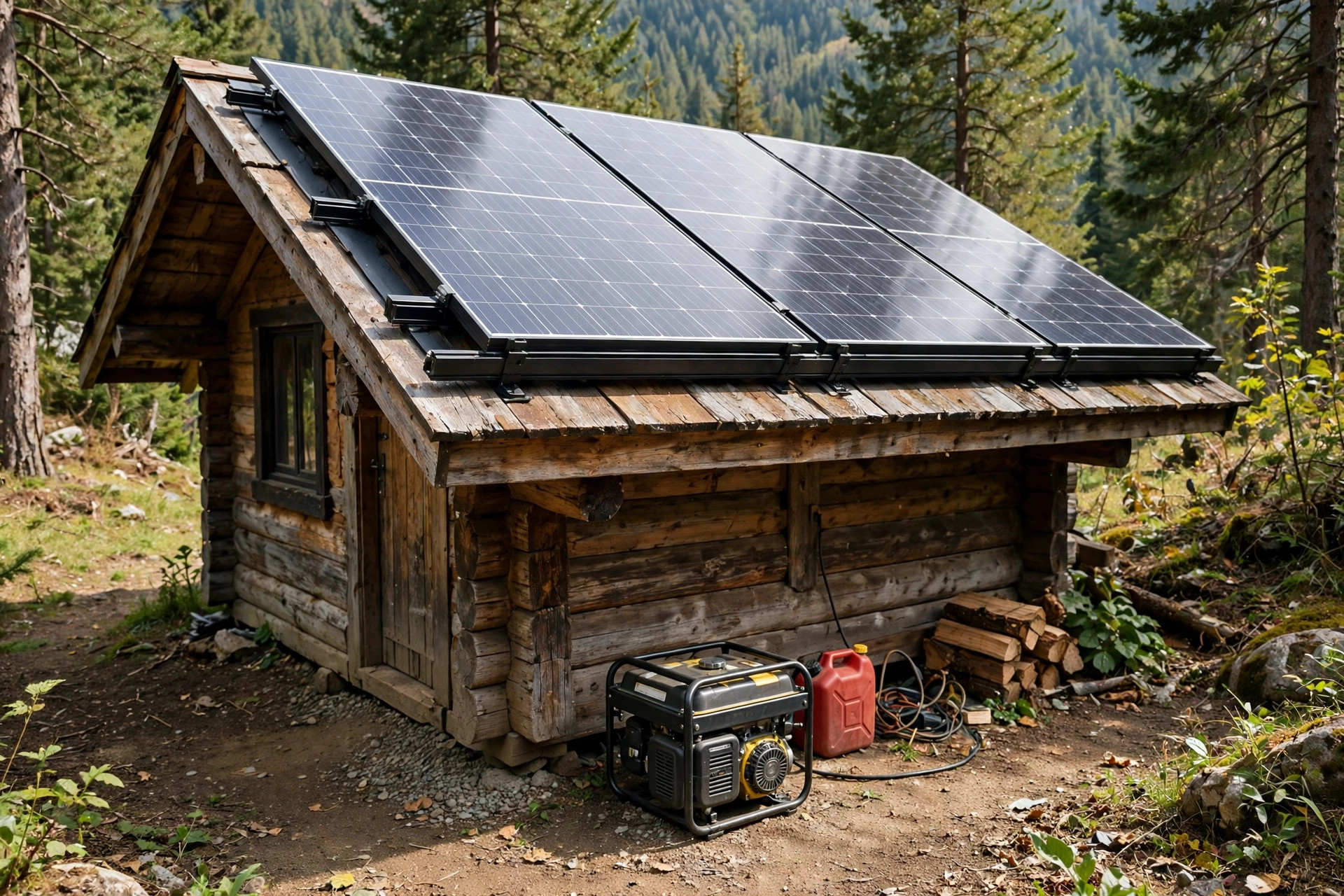 Realistic photo of solar panels on a cabin roof with a small generator below, off-grid setup, daylight, no text in image