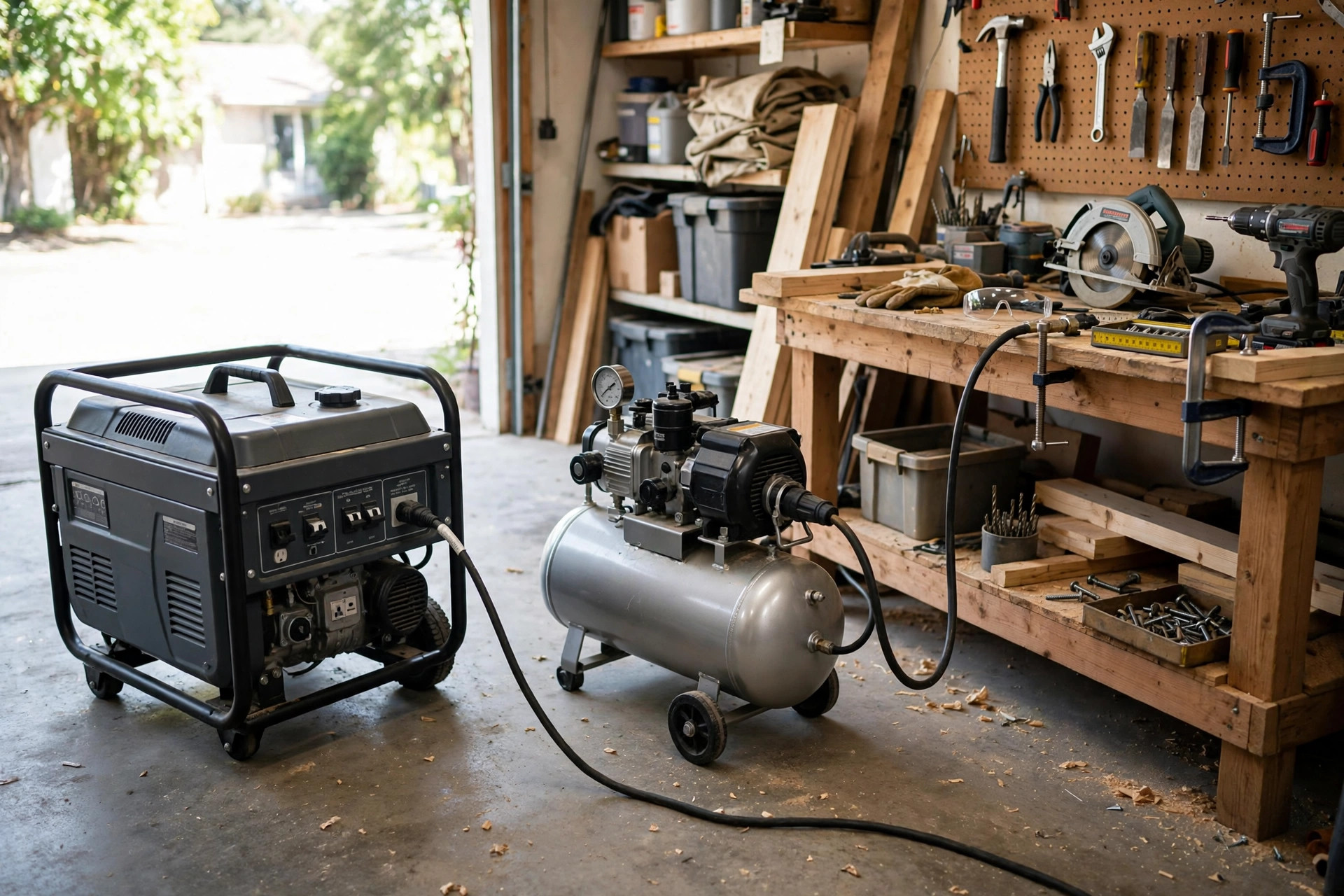 Realistic photo of a generator powering an air compressor and power tools in a home workshop garage, no text in image
