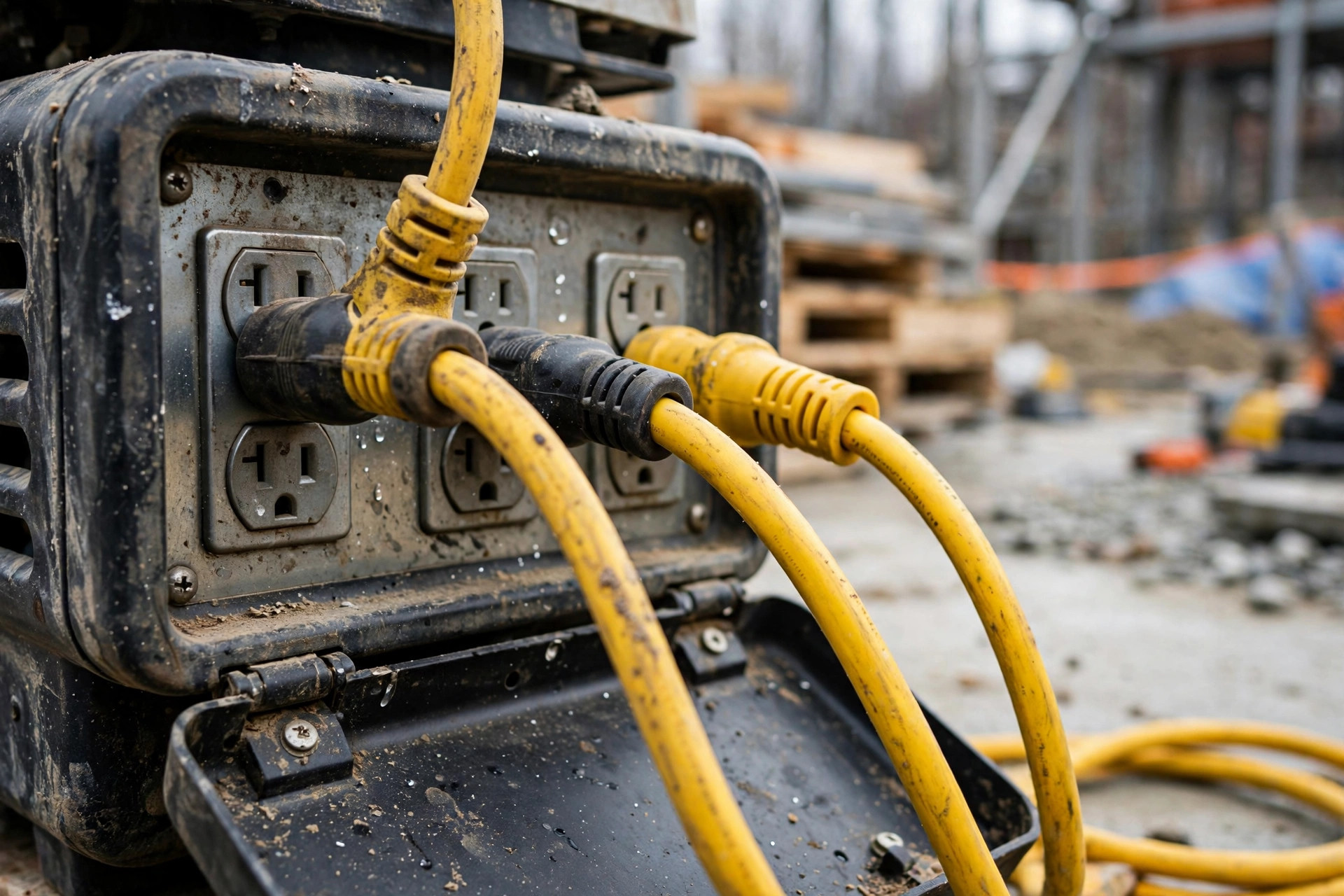Realistic close-up of generator outlets with heavy-duty extension cords plugged in, job site background, no text overlays