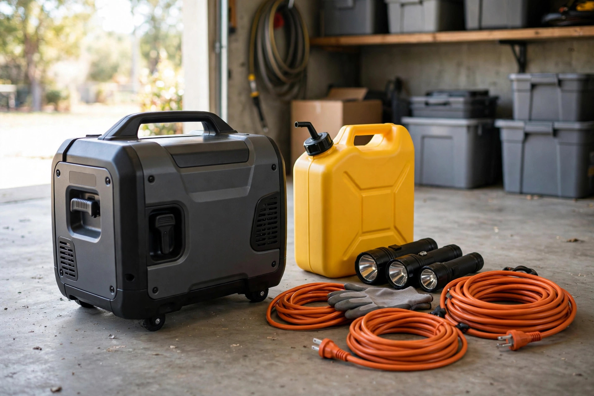 Compact budget generator beside flashlights, extension cords, and a fuel can.