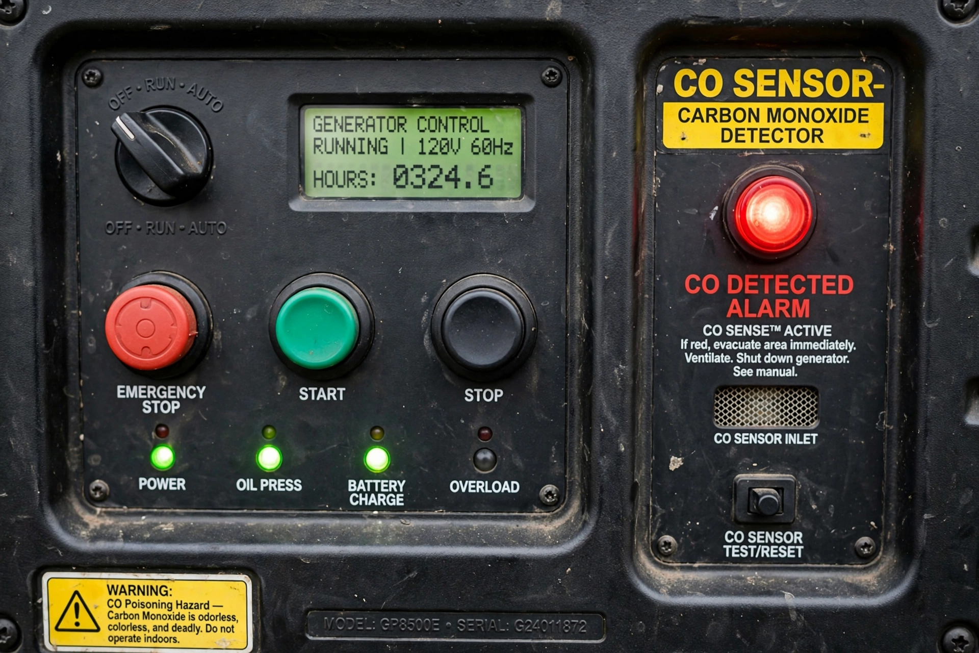 Realistic close-up photo of a generator control panel with a CO sensor indicator light