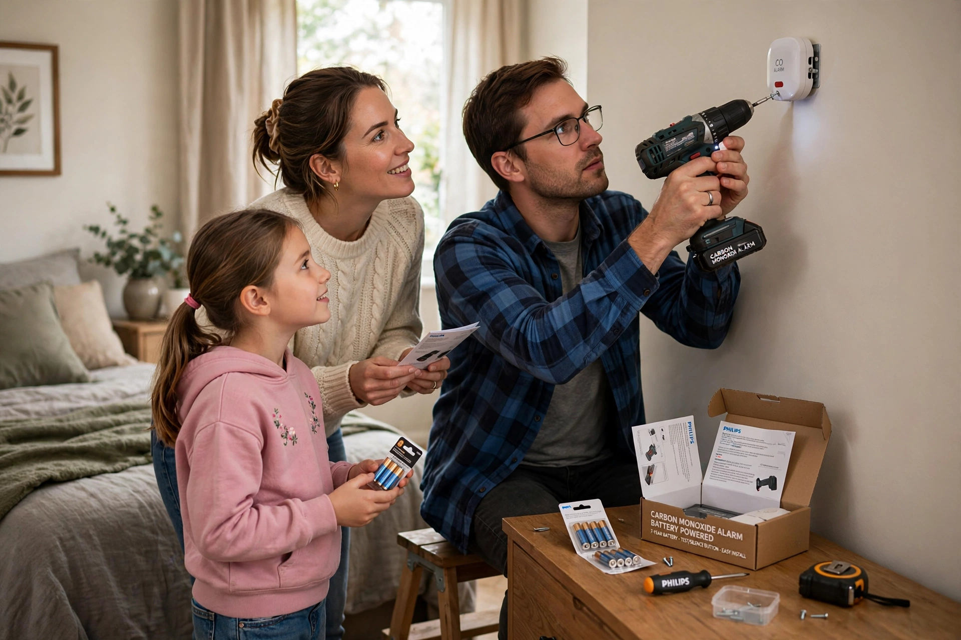 Realistic photo of a family installing a battery-powered carbon monoxide alarm on a bedroom wall