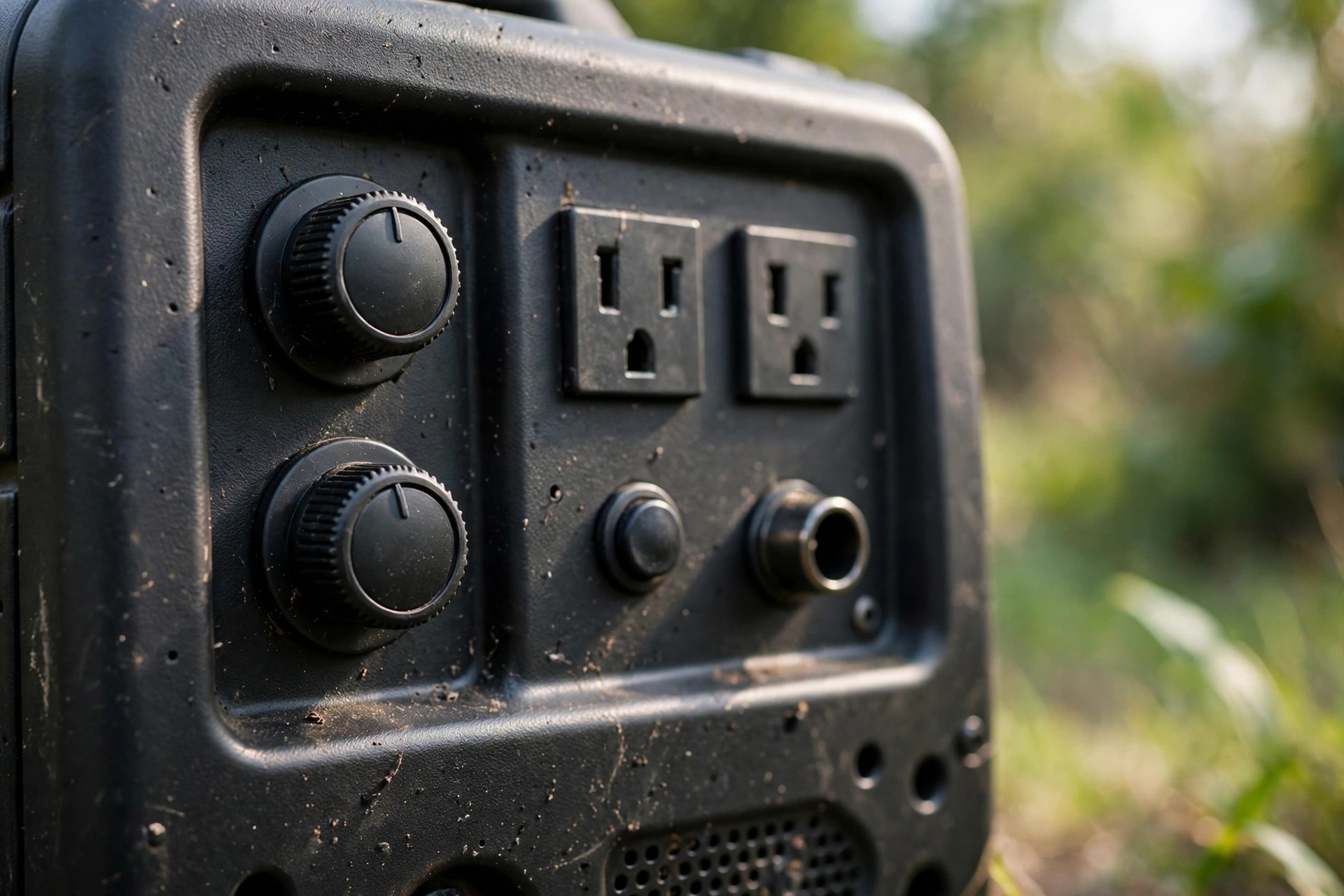 Close-up of an inverter generator's control panel with dials and outlets.