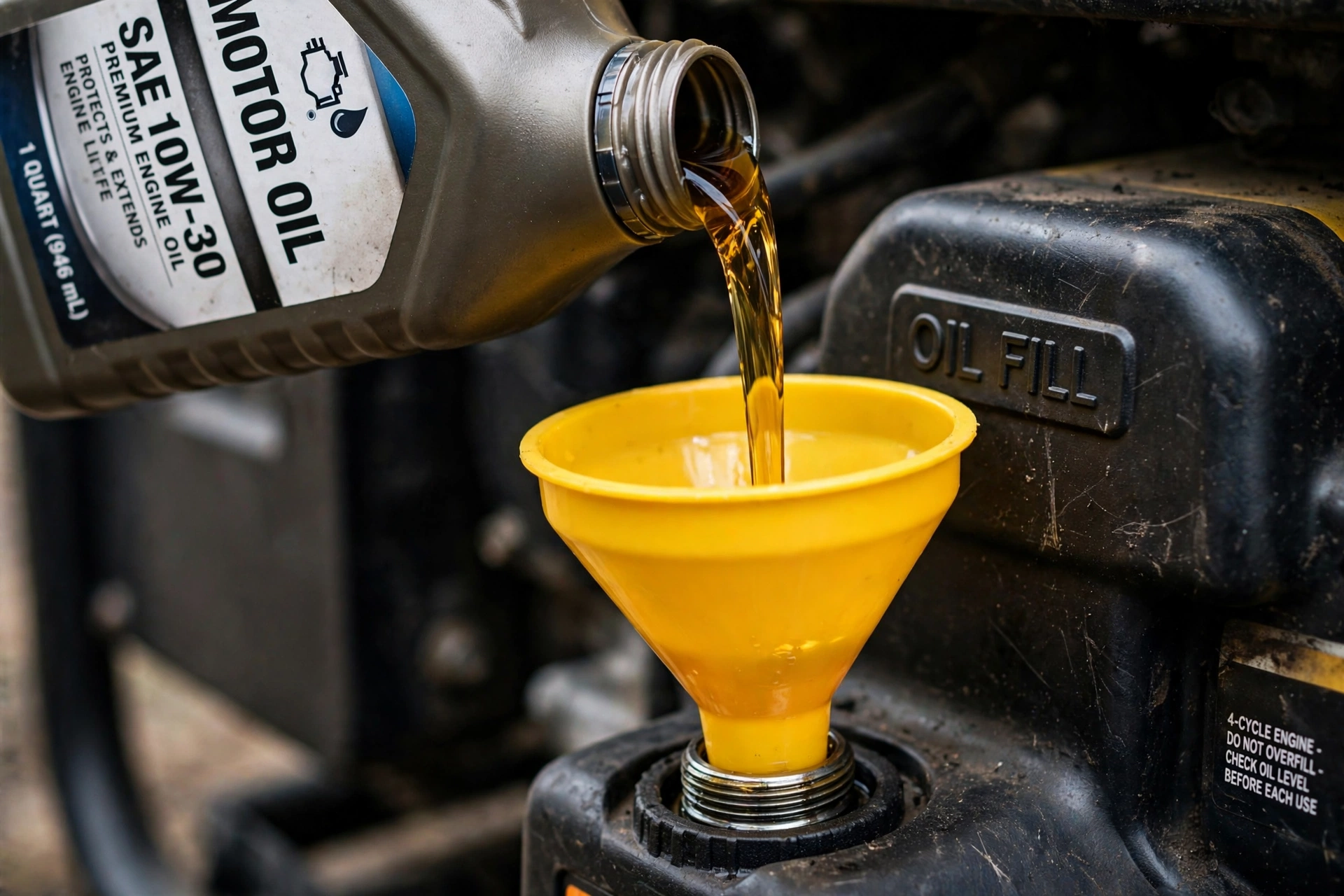 Realistic close-up photo of motor oil being poured from a quart bottle into a generator's oil fill port with a funnel