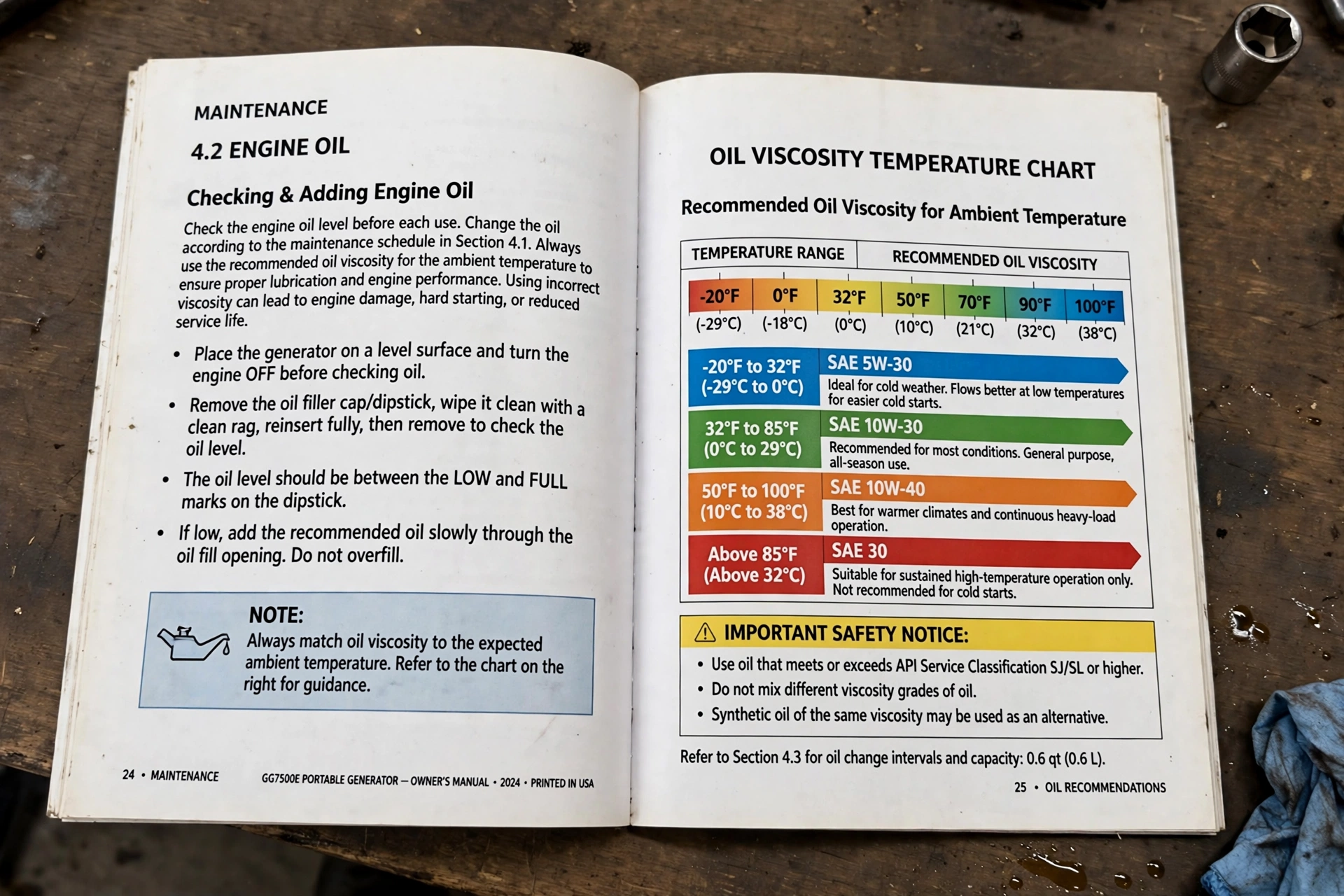 Realistic photo of an open generator owner's manual showing the oil viscosity temperature chart page