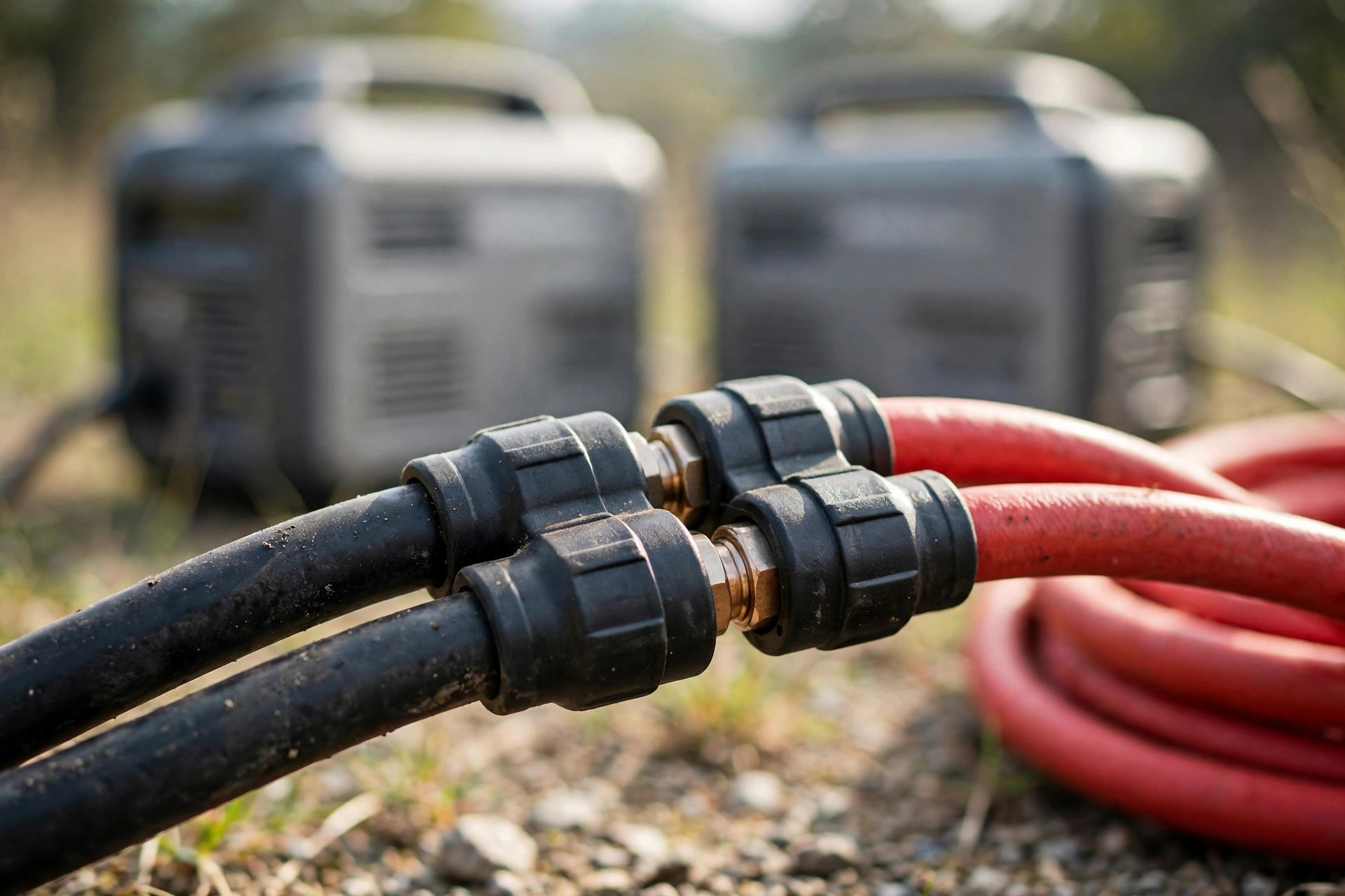Close-up of parallel kit connectors joining two generators.