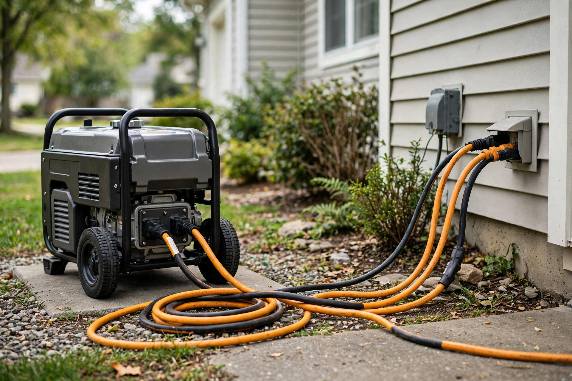 Heavy-duty extension cords running from an outdoor generator to a house wall.