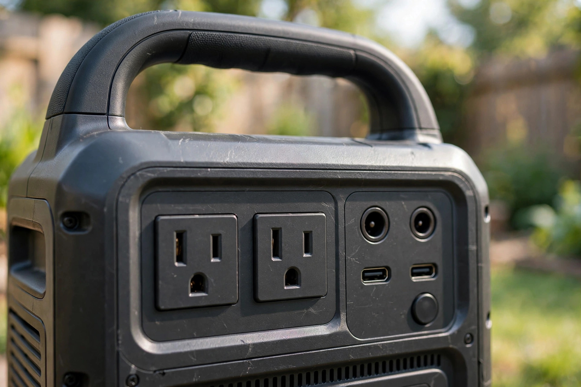 Close-up of a portable power station's front panel outlets and carry handle.
