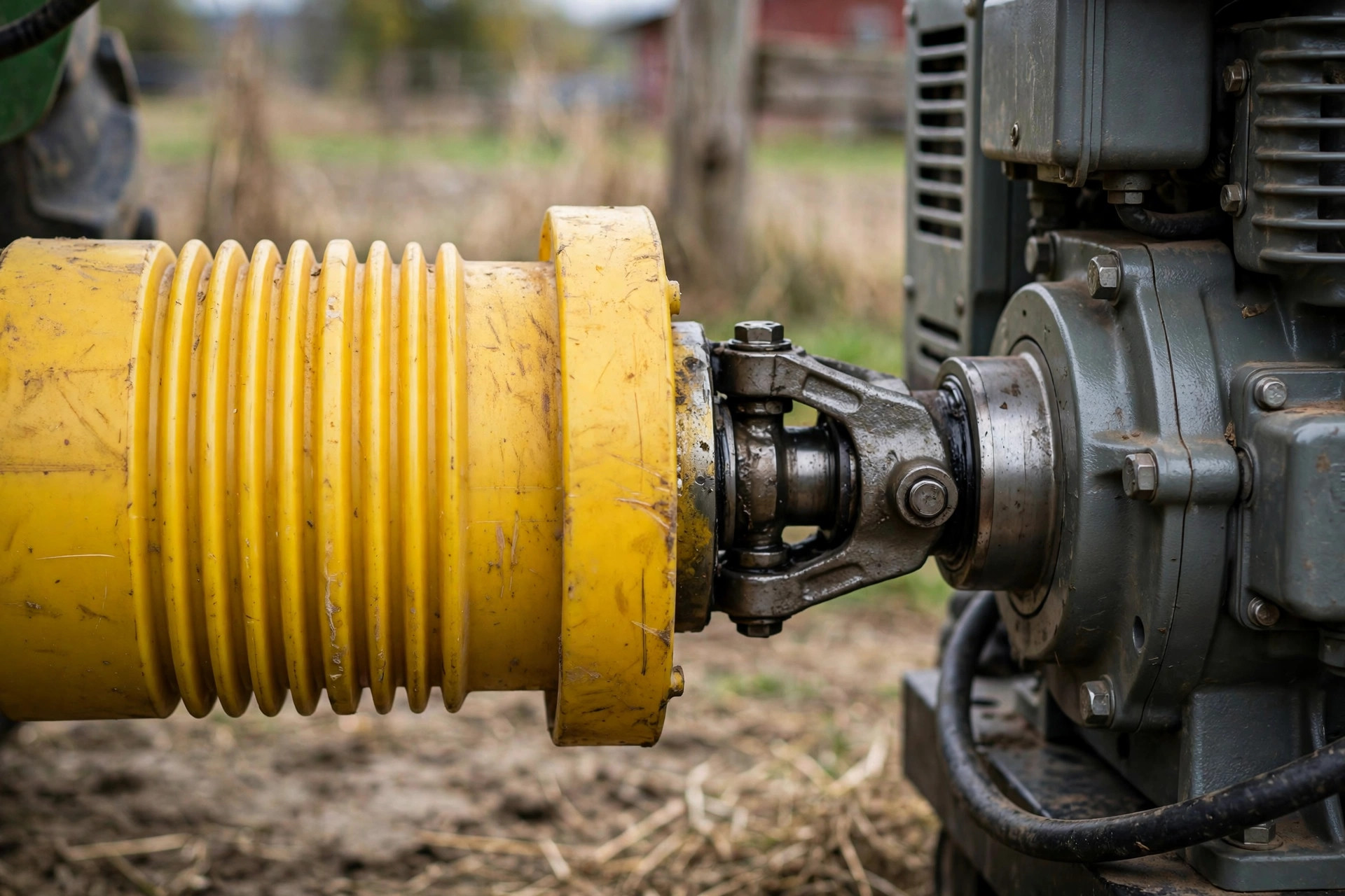 Realistic close-up of a tractor PTO shaft driveline with yellow safety shield connected to a generator, farm setting, no text