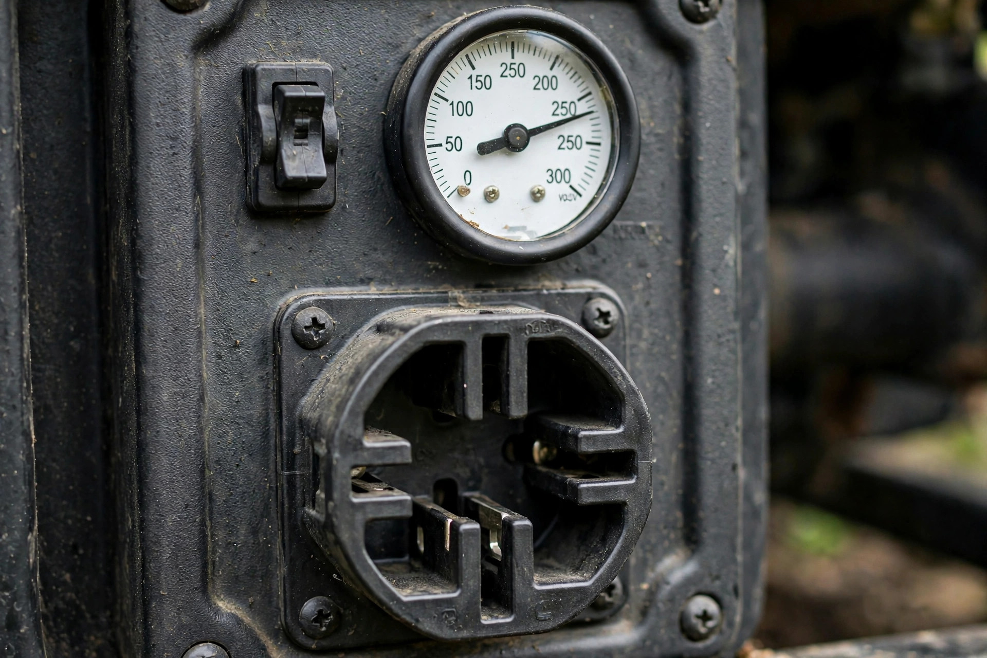 Realistic photo of a PTO generator outlet panel with 50-amp receptacle and voltmeter, close-up, no text overlays