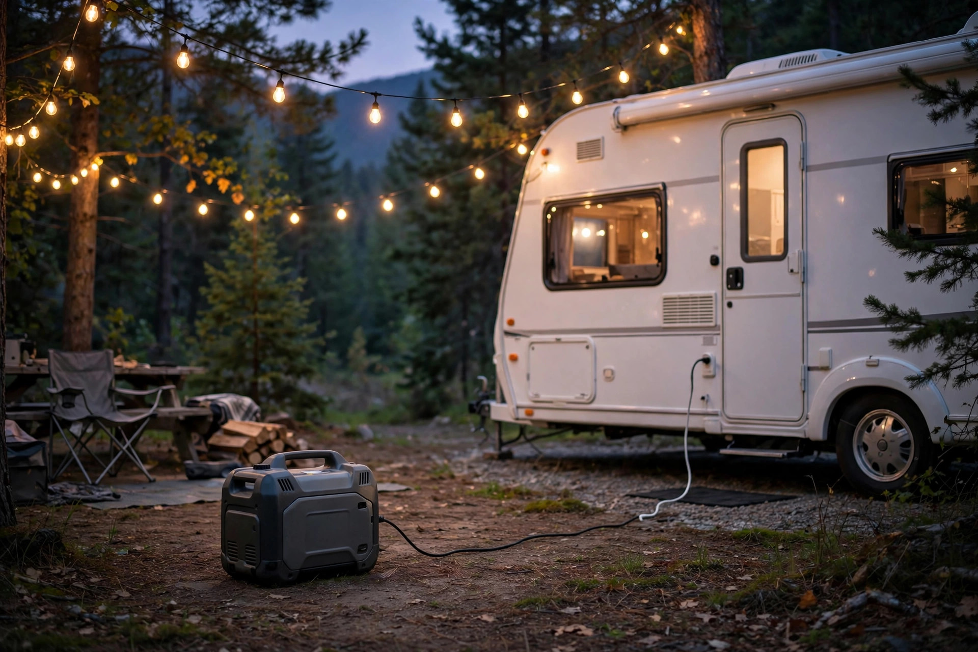 Small generator powering an RV campsite with warm string lights at dusk.