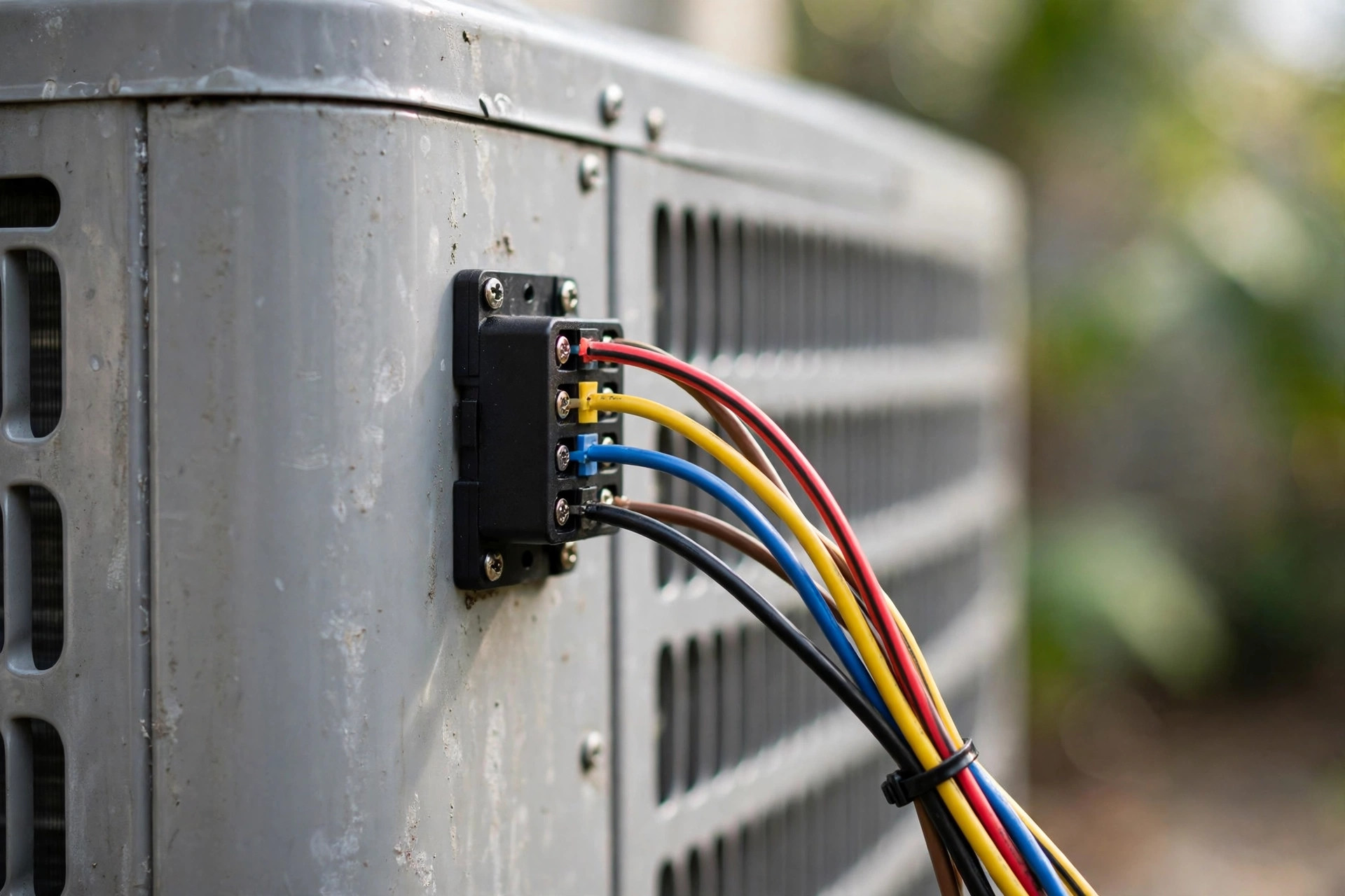 Close-up of an electronic soft start module wired to an AC unit.