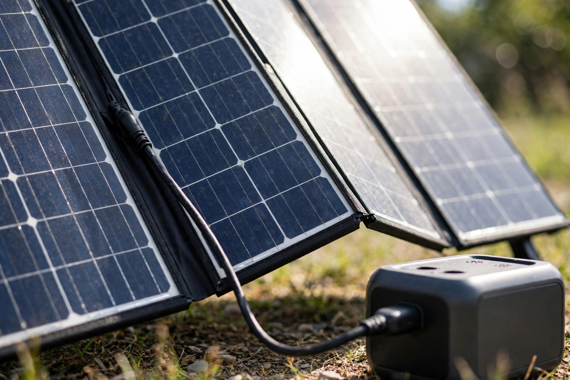 Folding solar panels angled toward the sun charging a home backup power station.
