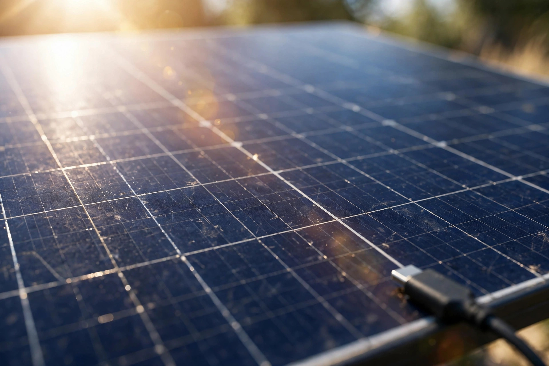 Solar panel surface with sun flare and charging cable.