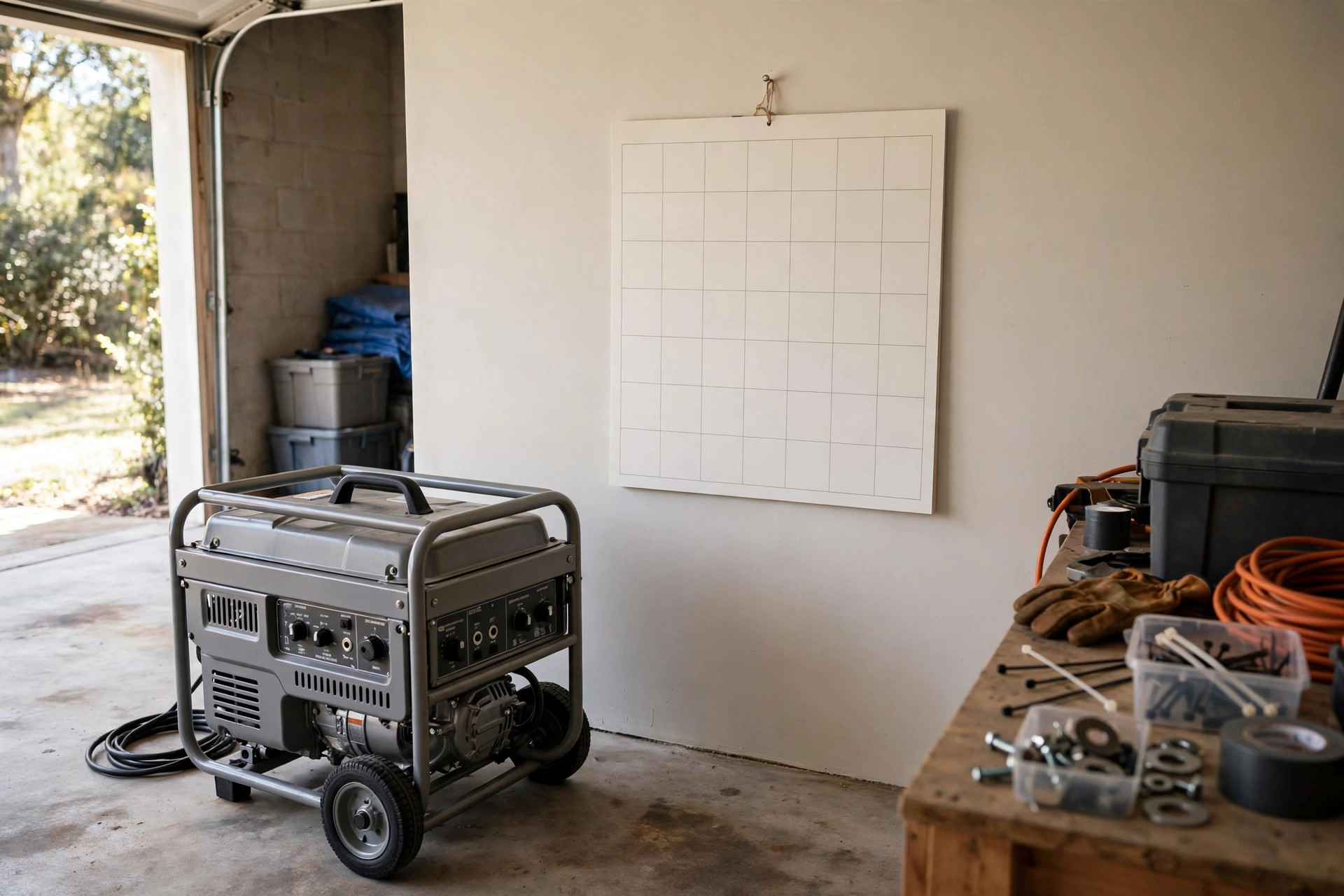 Garage generator beside a wall calendar for purchase timing.