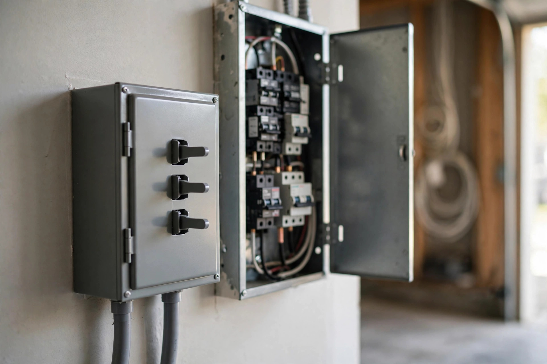 Manual transfer switch box mounted beside a garage breaker panel.