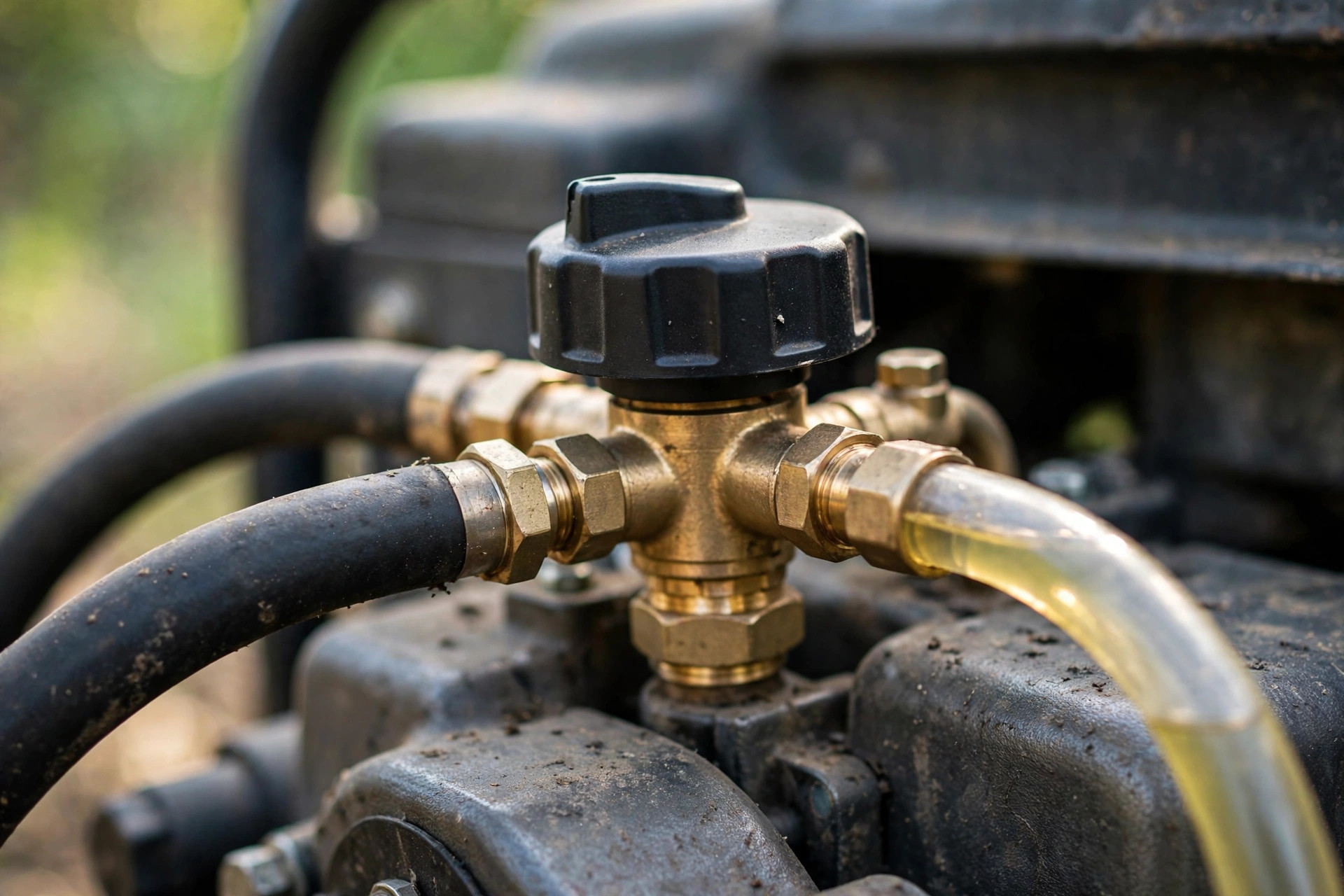 Close-up of a tri-fuel generator's fuel selector dial and supply hoses.