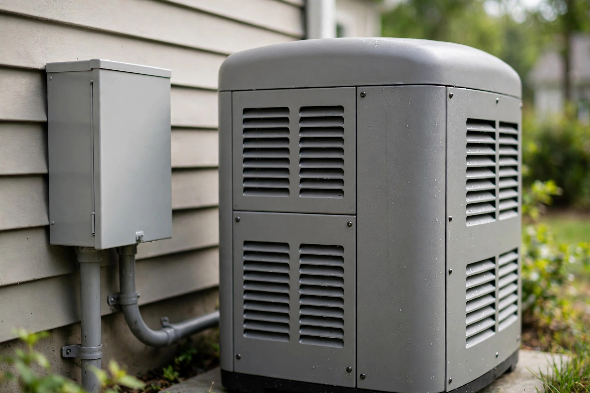 Standby generator beside an automatic transfer switch mounted on a house wall.