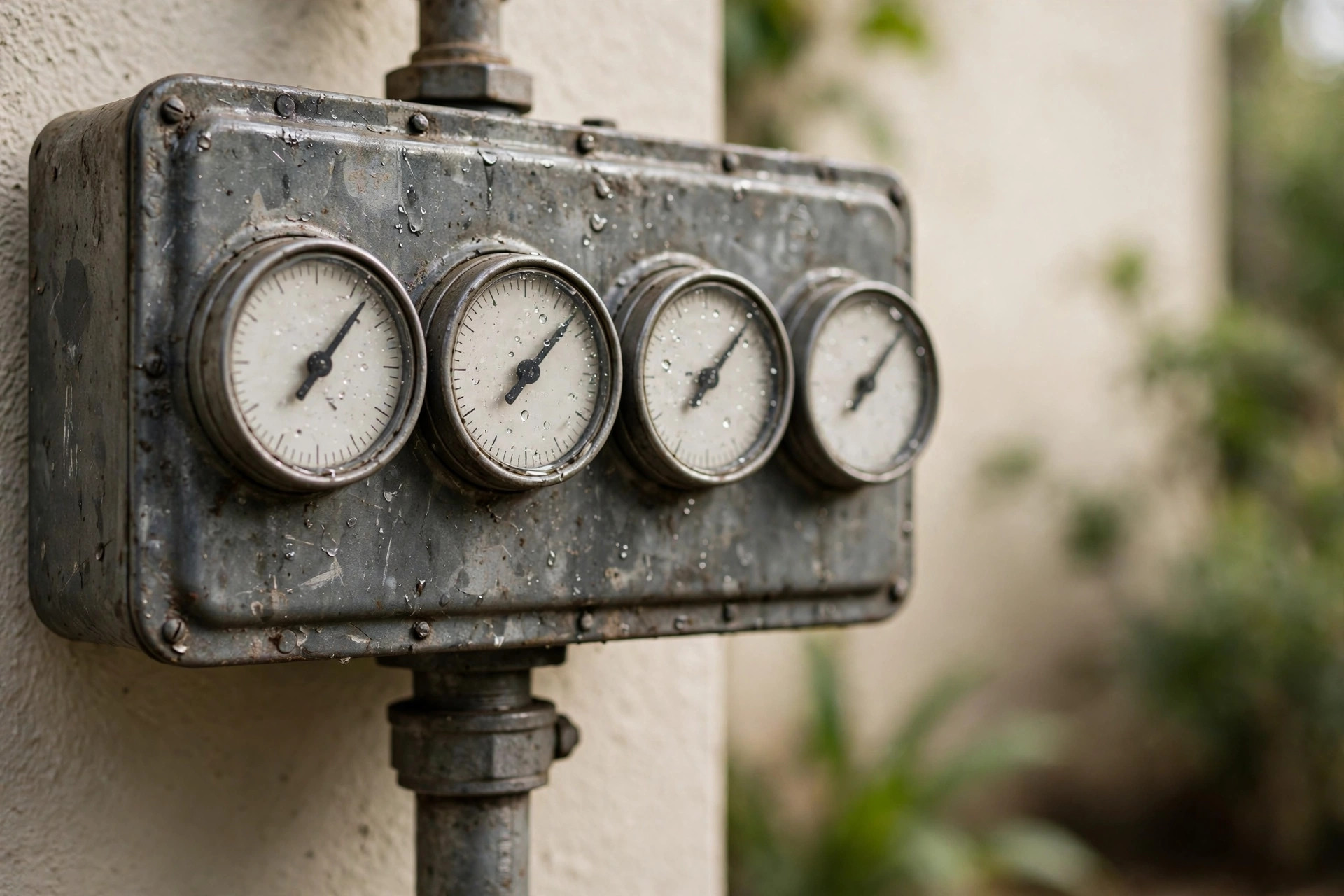 Close-up of natural gas meter dials on a home exterior.