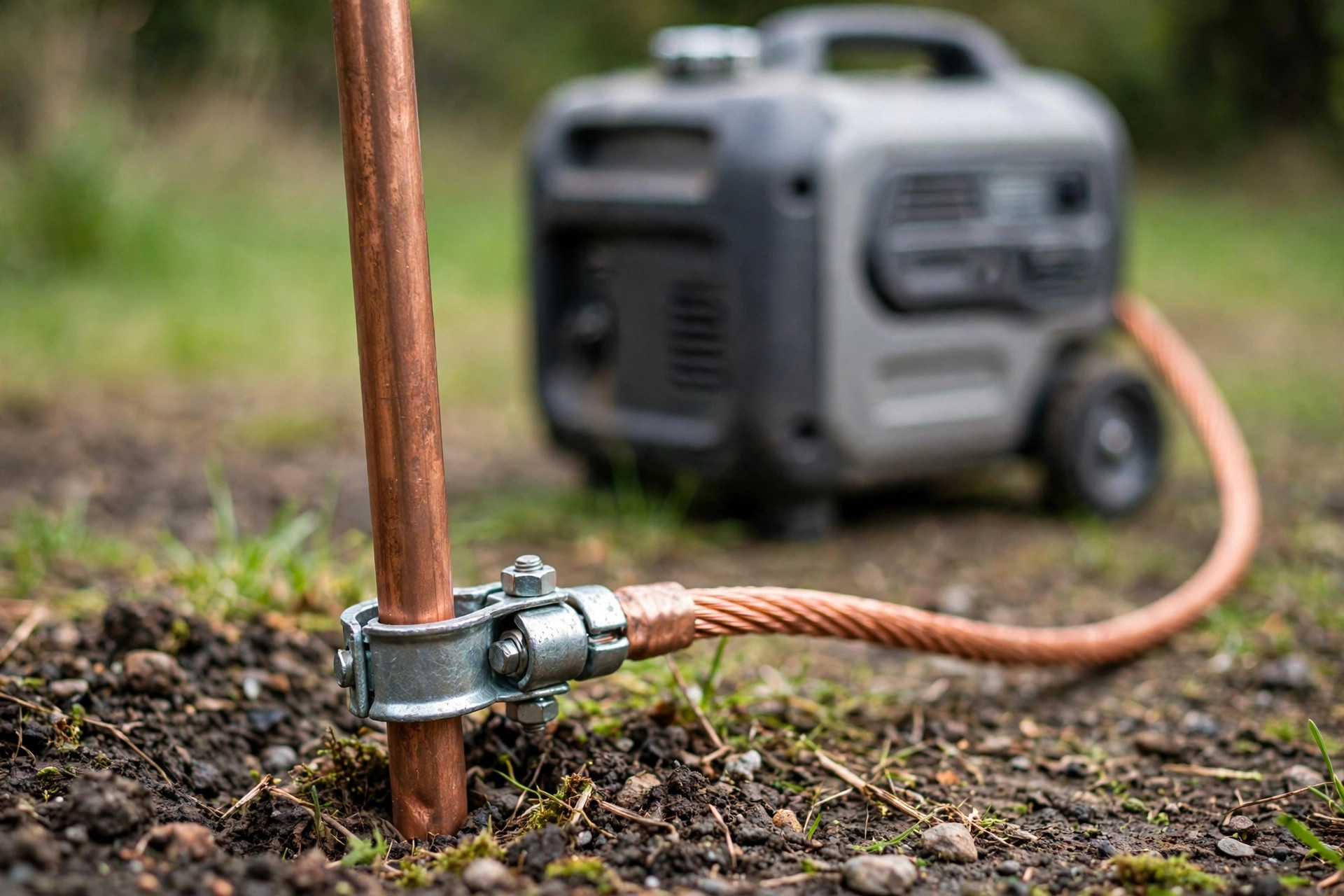 Copper grounding rod with clamp and cable by a generator.