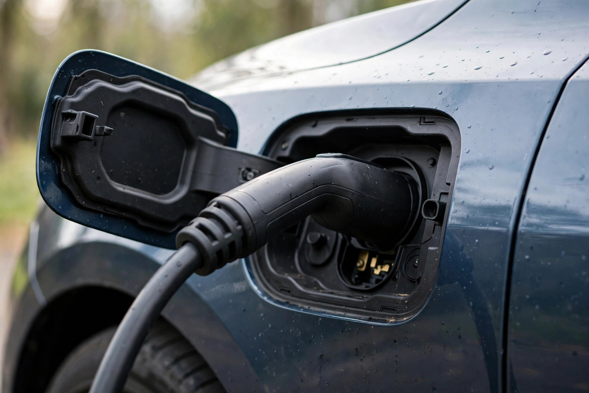 Close-up of an EV charge port with the charging cable plugged in.