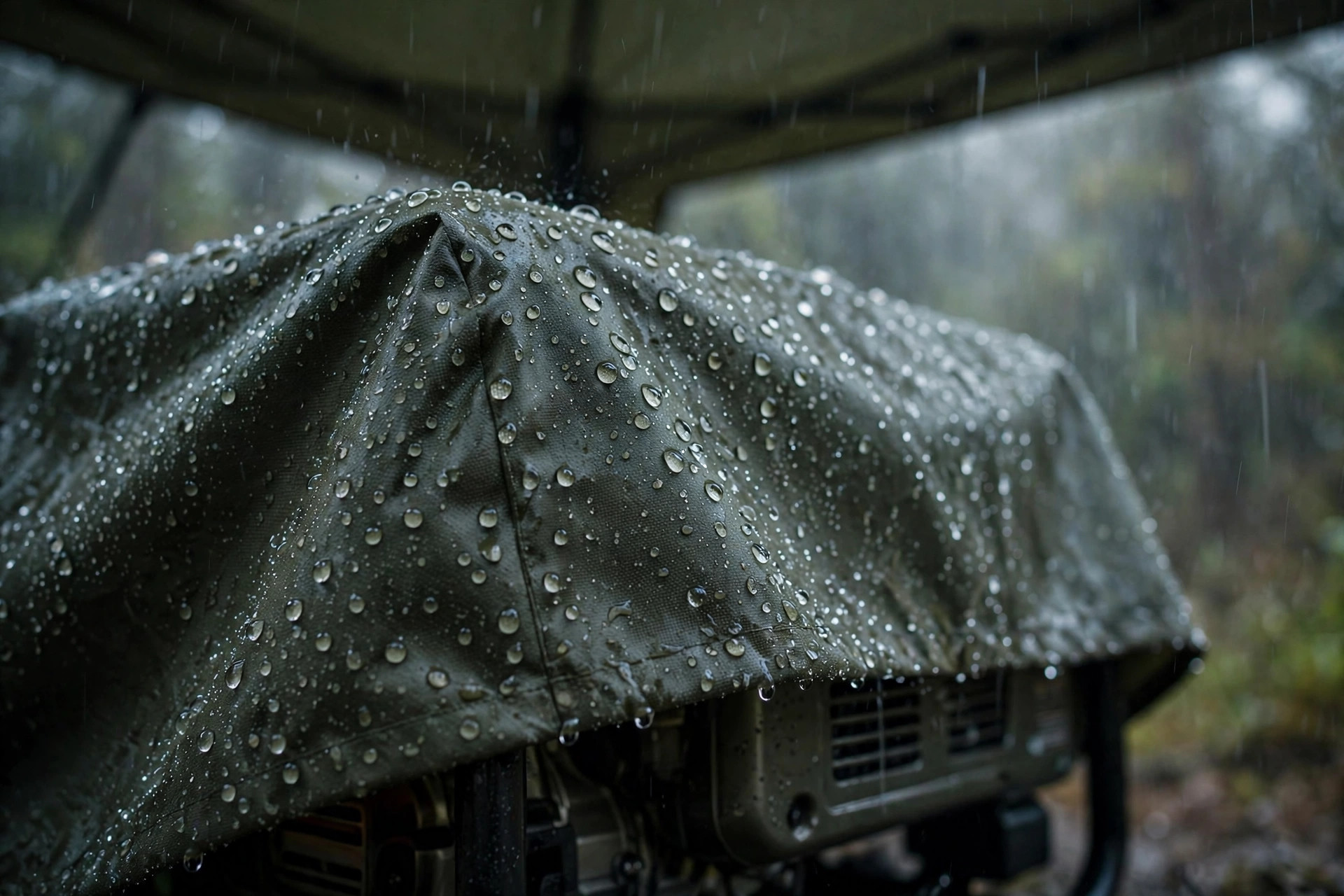Rain droplets on a covered generator protected under a canopy.